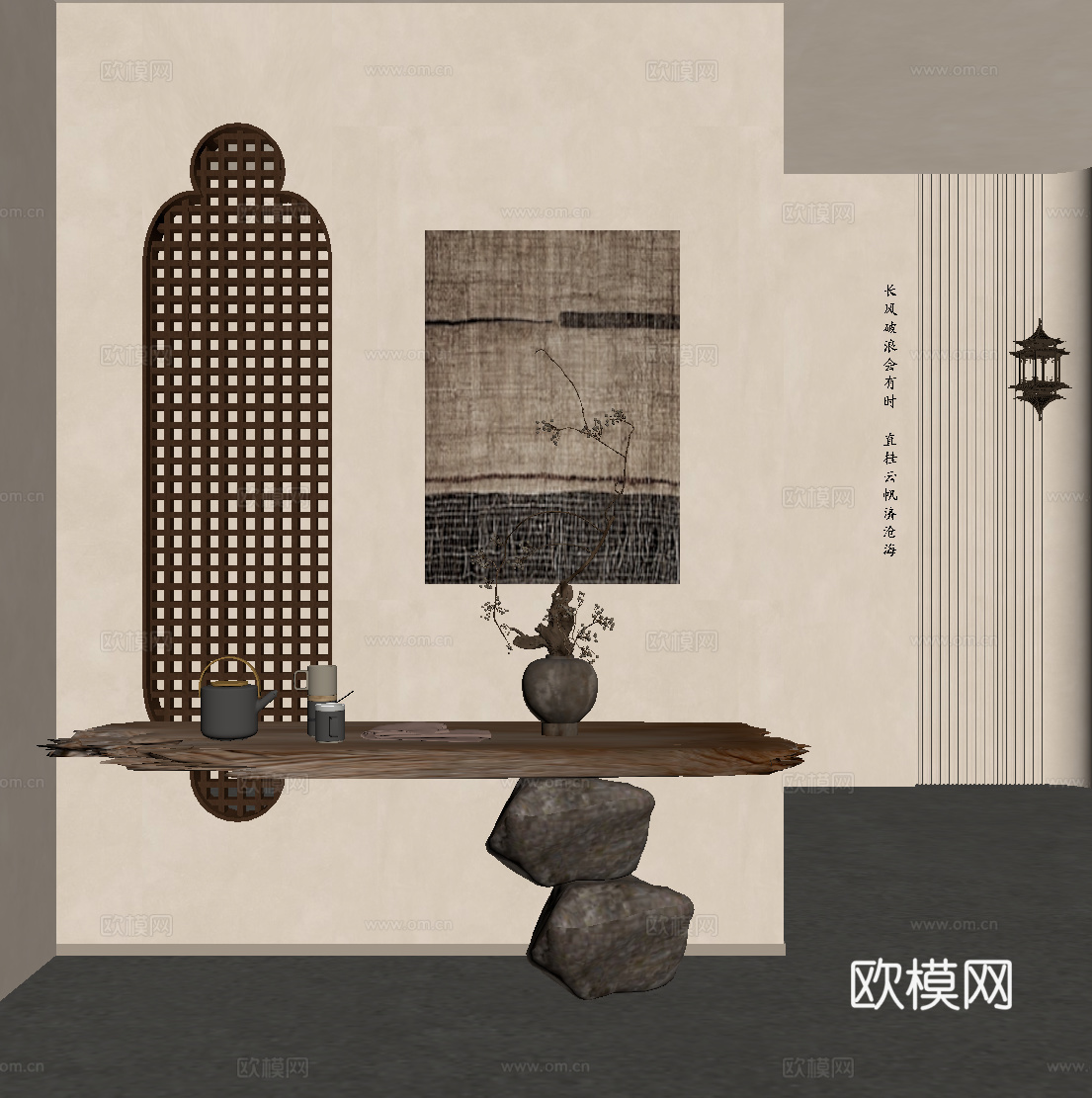 中古风玄关隔断 新中式玄关隔断  端景台 花瓶 装饰画su模型