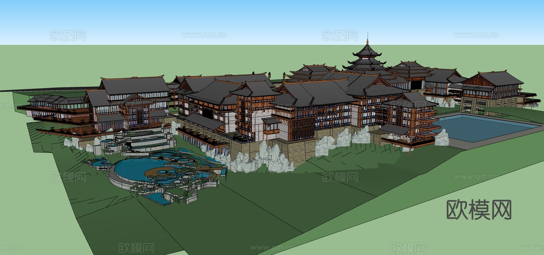 原乡中式山地五星级酒店su模型