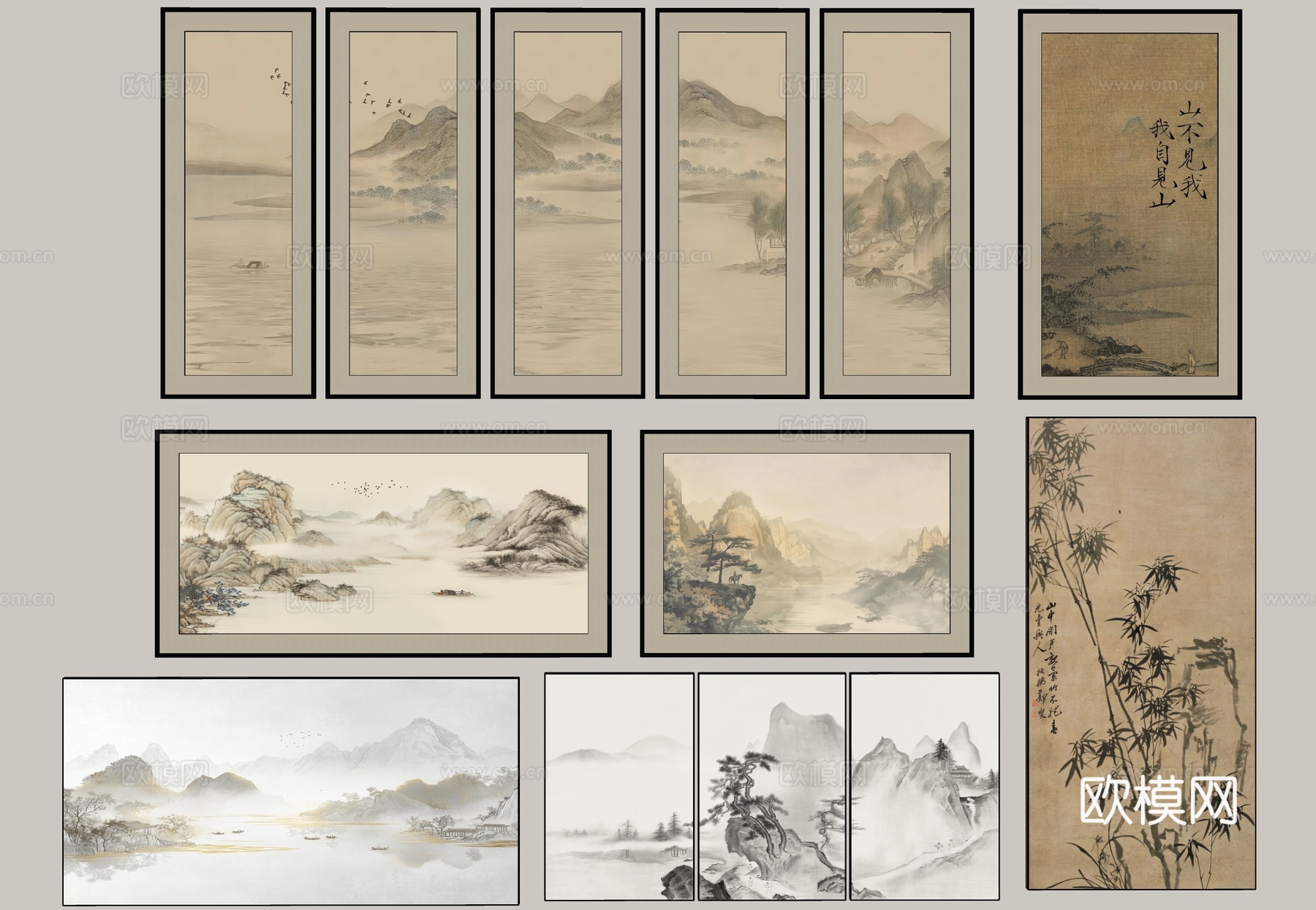 山水挂画 新中式挂画 中式装饰画 组合山水画 客厅挂画 壁画su模型