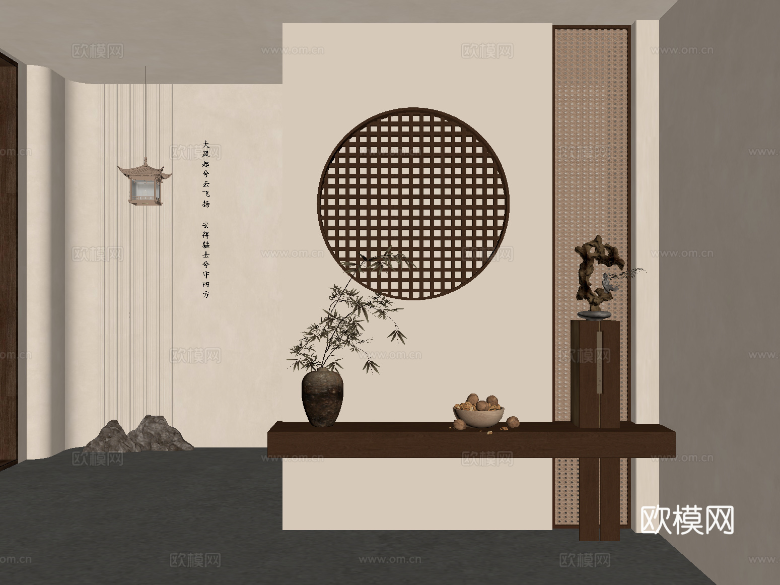 中古风玄关隔断 新中式玄关隔断  端景台 花瓶 装饰画su模型