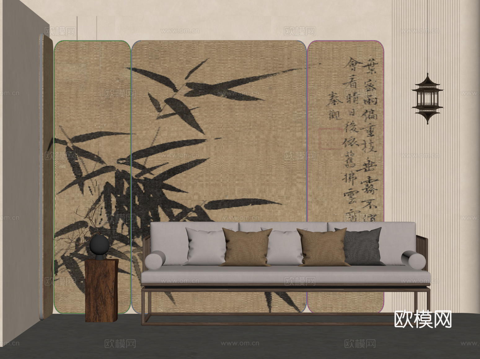 屏风 新中式屏风 罗汉床su模型