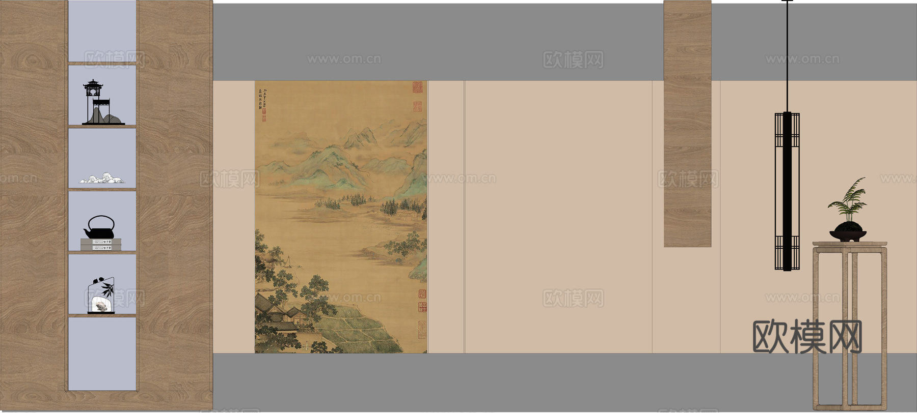 中古风背景墙 新中式背景墙su模型