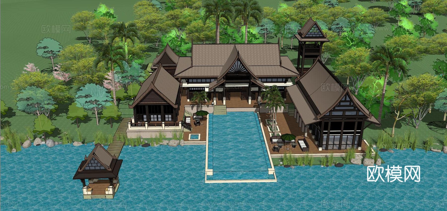 傣式风格滨水休闲度假会所su模型