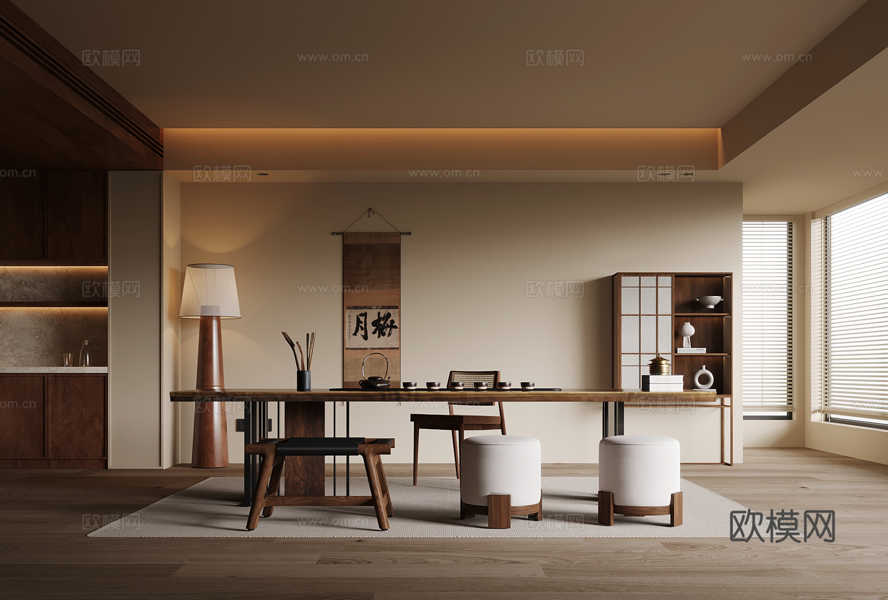 茶室 中古风茶室 茶台博古架su模型