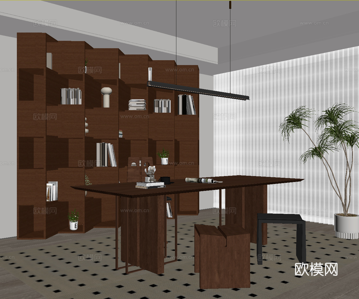 书房 中古风书房 书桌椅 绿植su模型