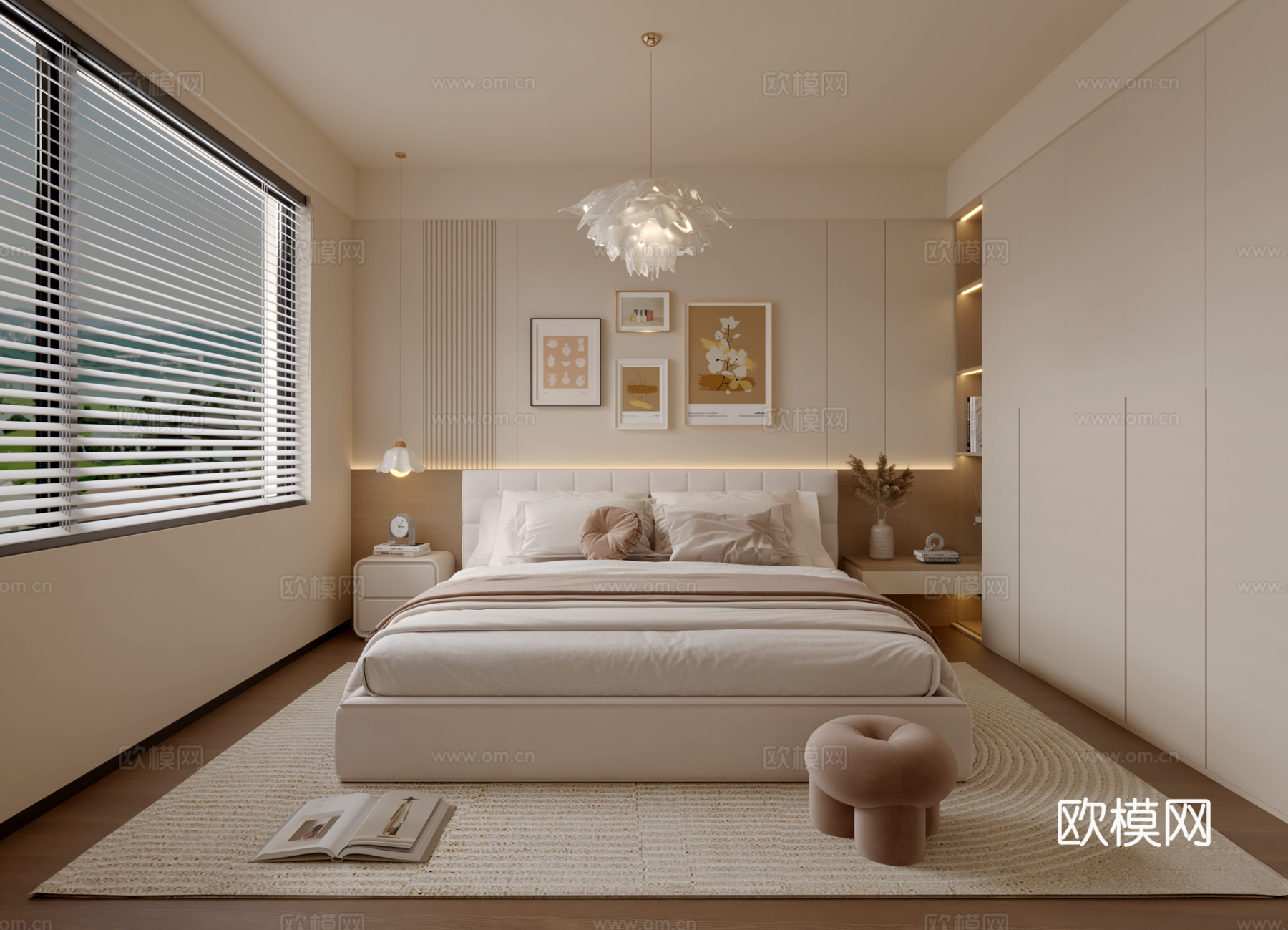 现代奶油风卧室3d模型