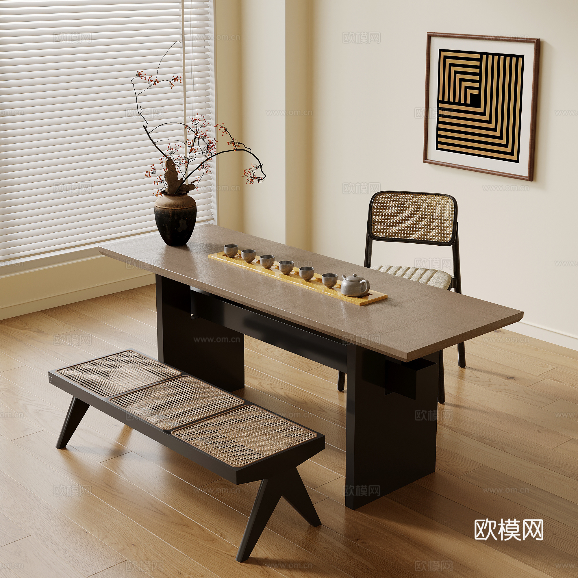 中古风茶桌椅 茶台 茶具su模型