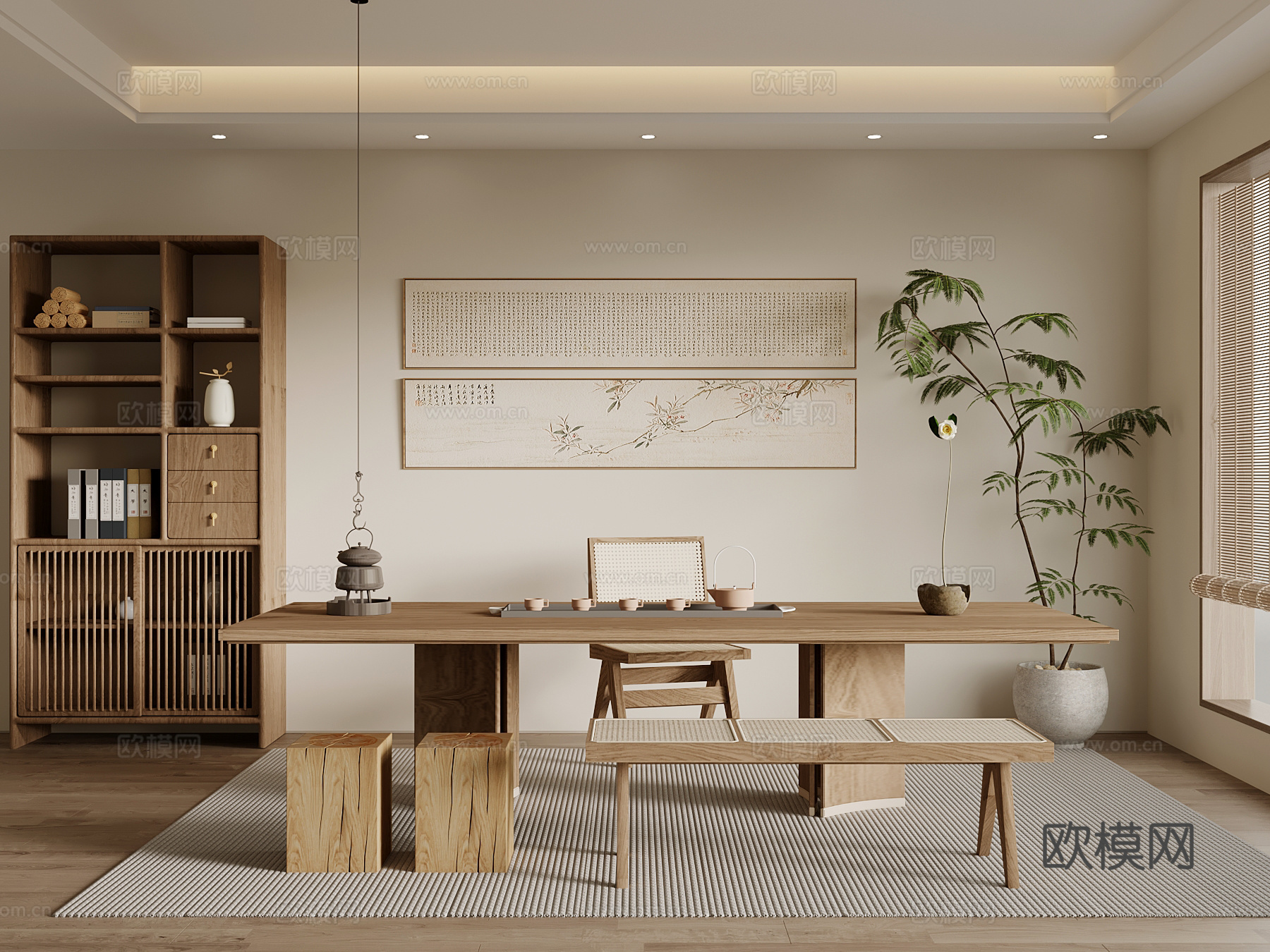 茶室 新中式茶室 茶桌椅 茶柜 装饰画su模型