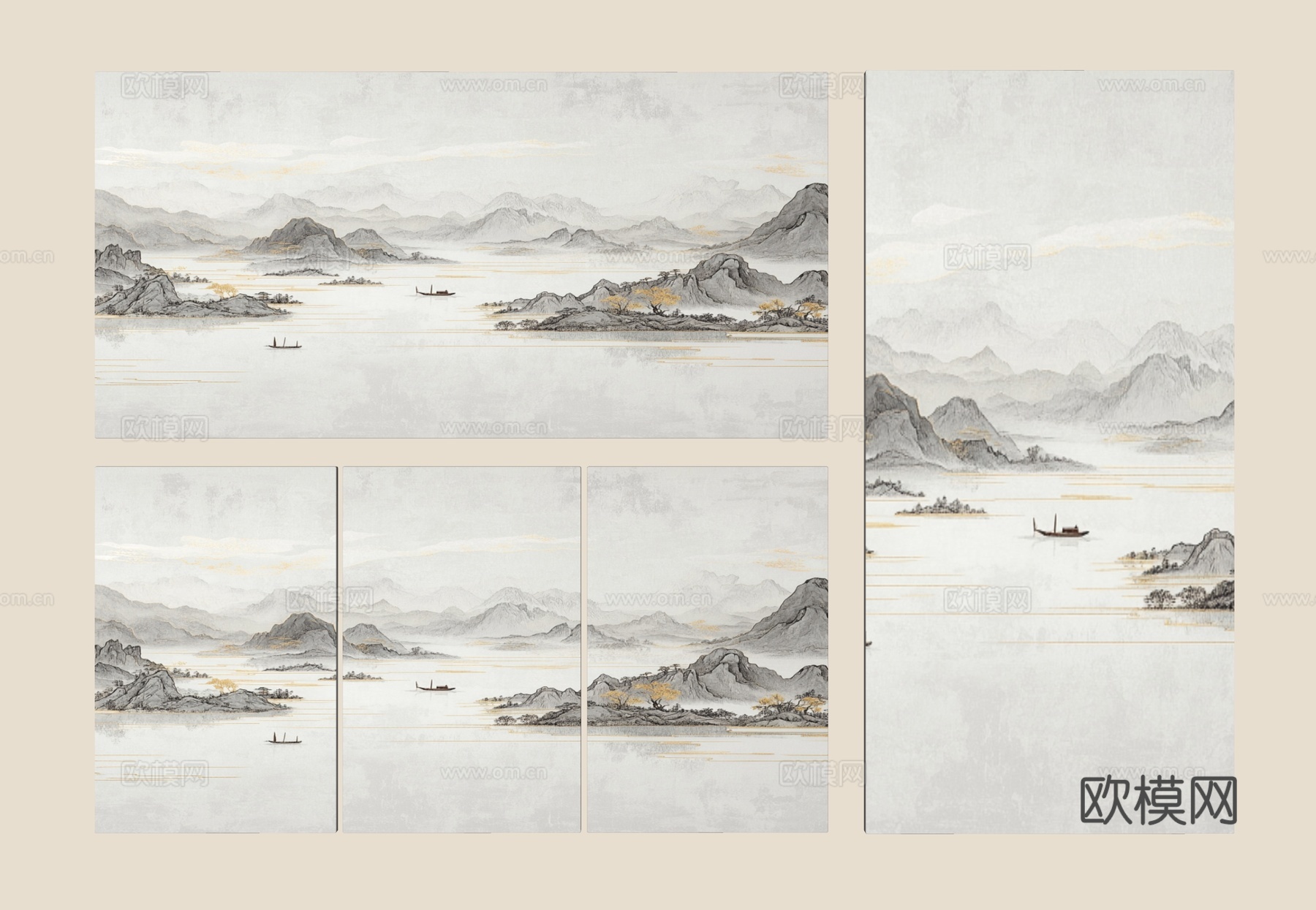 山水挂画 新中式挂画 中式装饰画 组合山水画 客厅挂画 壁画su模型