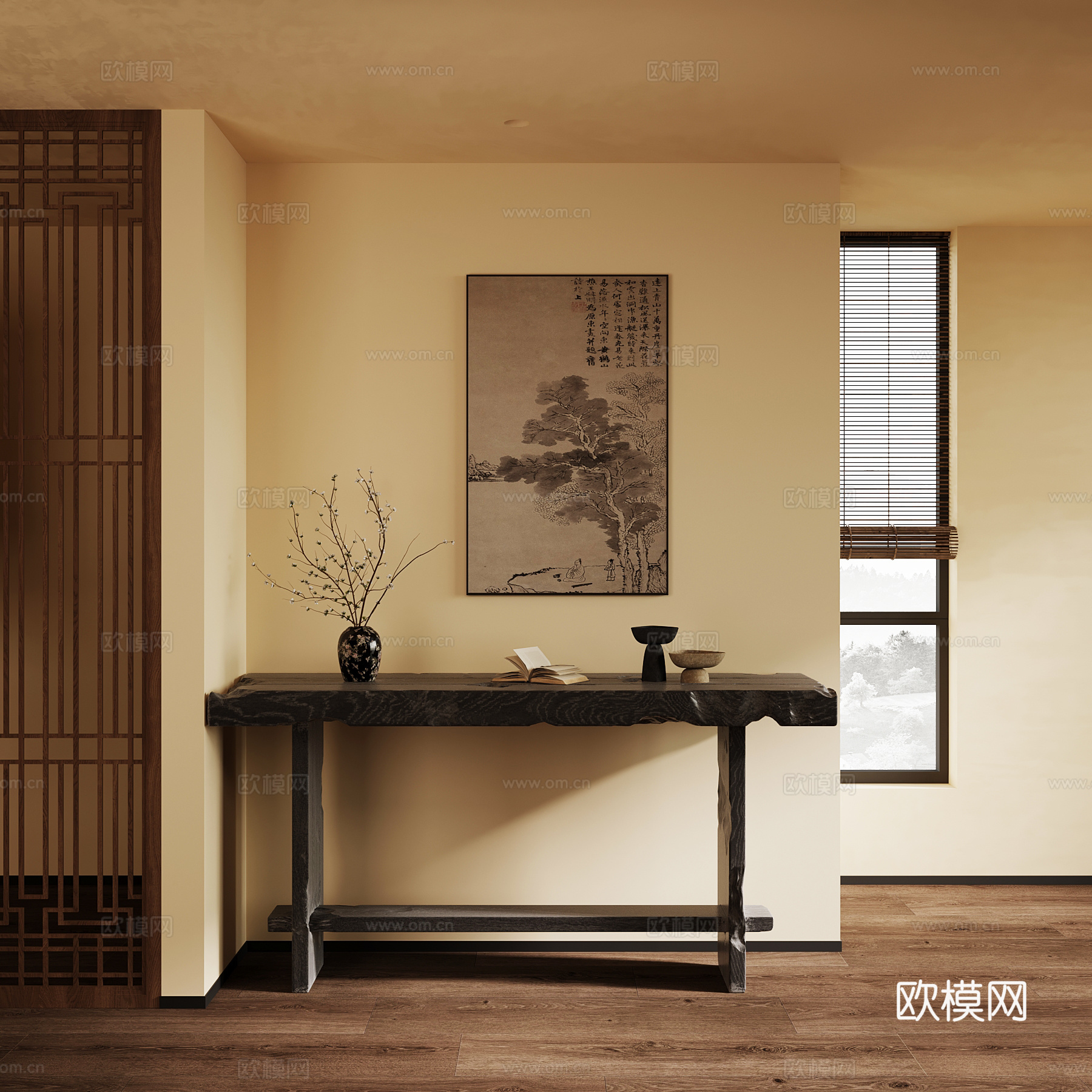 玄关 中古风玄关 端景台 装饰画su模型
