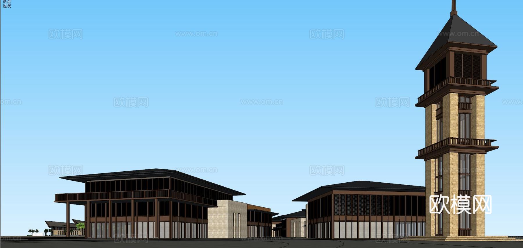 度假村中式会所+商业街su模型
