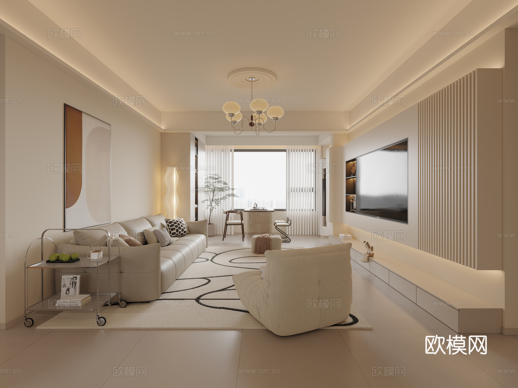 现代奶油风客厅3d模型