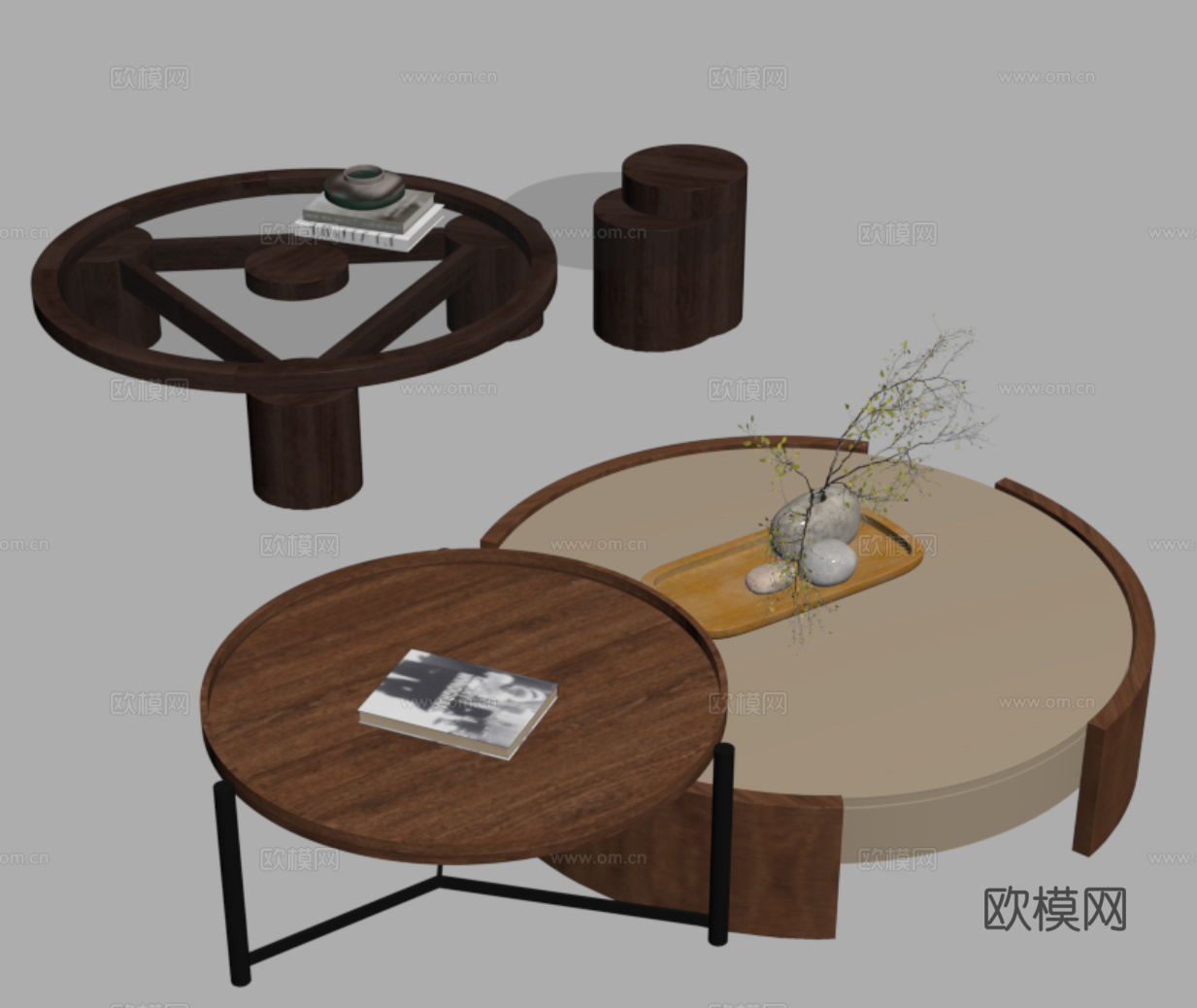 侘寂中古风茶几组合 圆形 子母形 花瓶花艺 饰品摆件su模型