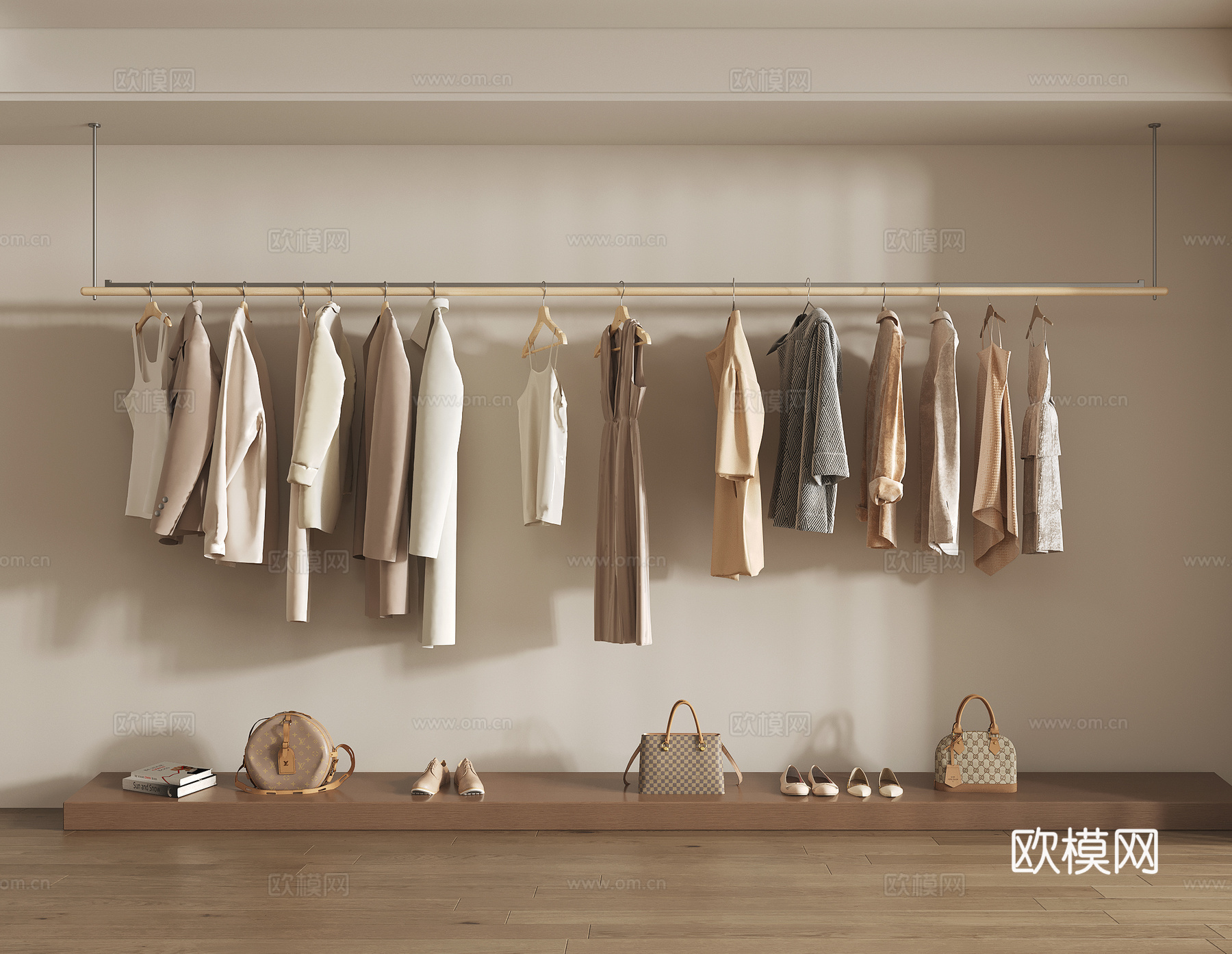 现代衣服组合 包包 衣架 挂衣杆 裤子 上衣 裙子 服饰鞋帽su模型