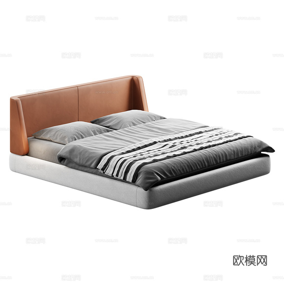 现代意式皮革布艺双人床3d模型下载(渲染图2)