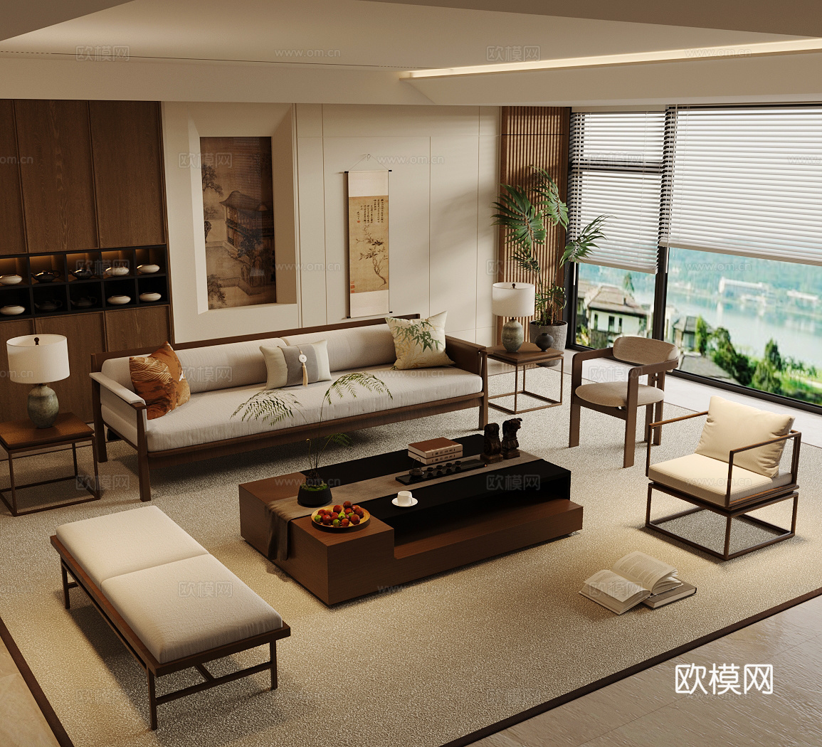 新中式禅意家居客厅 中式宋式客厅 中式沙发茶几组合 宋式美学3d模型
