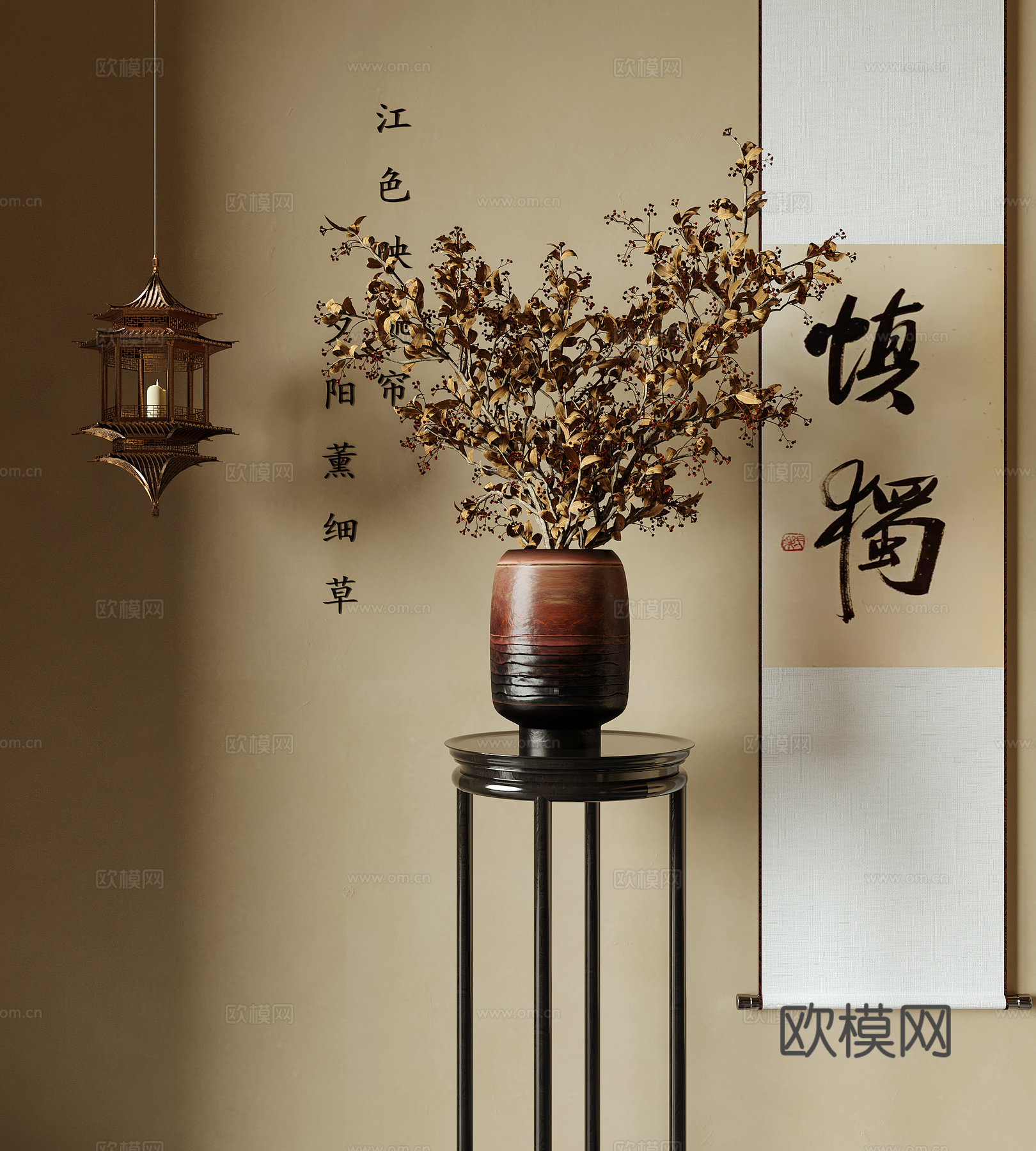 新中式花瓶花艺 插花花艺 挂画su模型