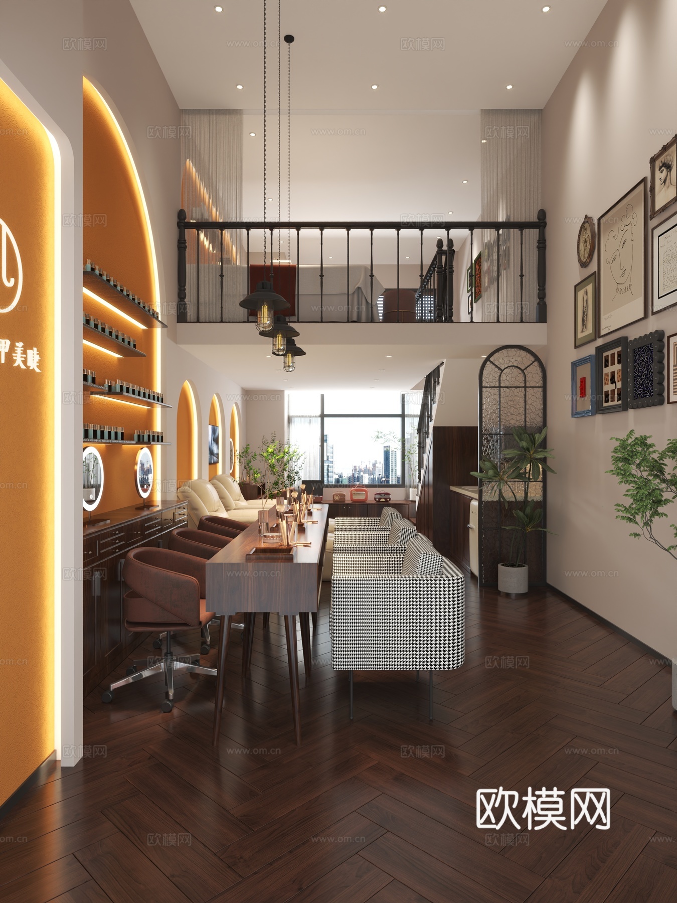 复古风美甲店美容店 接待台休息区3D模型免费3d模型