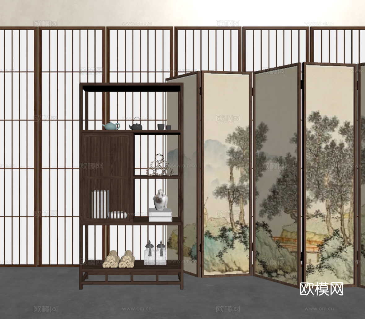 新中式屏风 木屏风 可折叠屏风 储物柜 装饰柜 端景玄关柜su模型