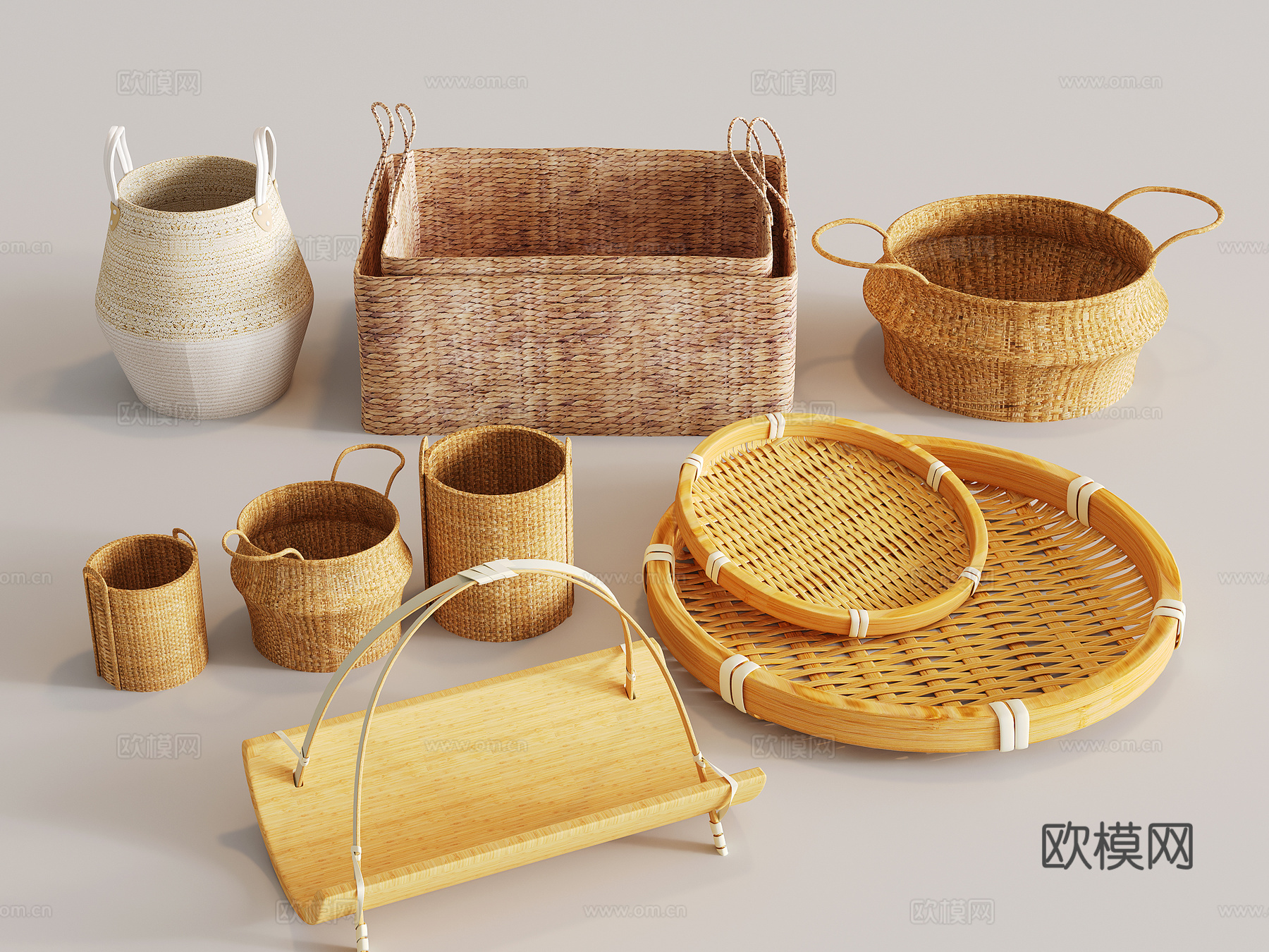 现代新中式藤编收纳筐 编织篮组合 景观小品 竹编小品 其它生su模型