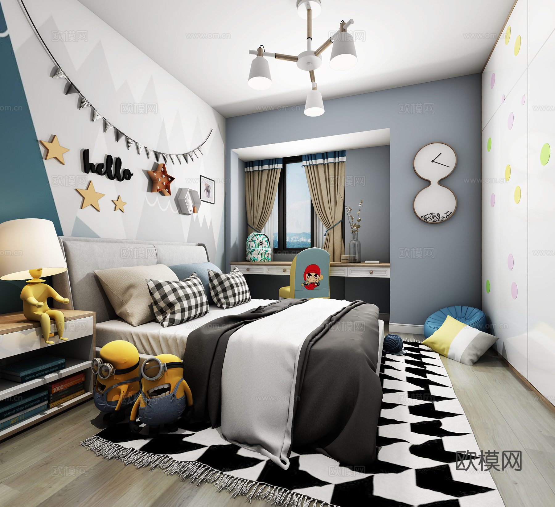 北欧现代男孩房 床 壁挂装饰 创意钟 玩具3d模型