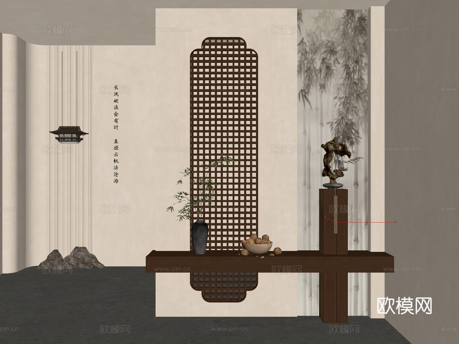 中古风玄关隔断 新中式玄关隔断  端景台 花瓶 装饰画su模型