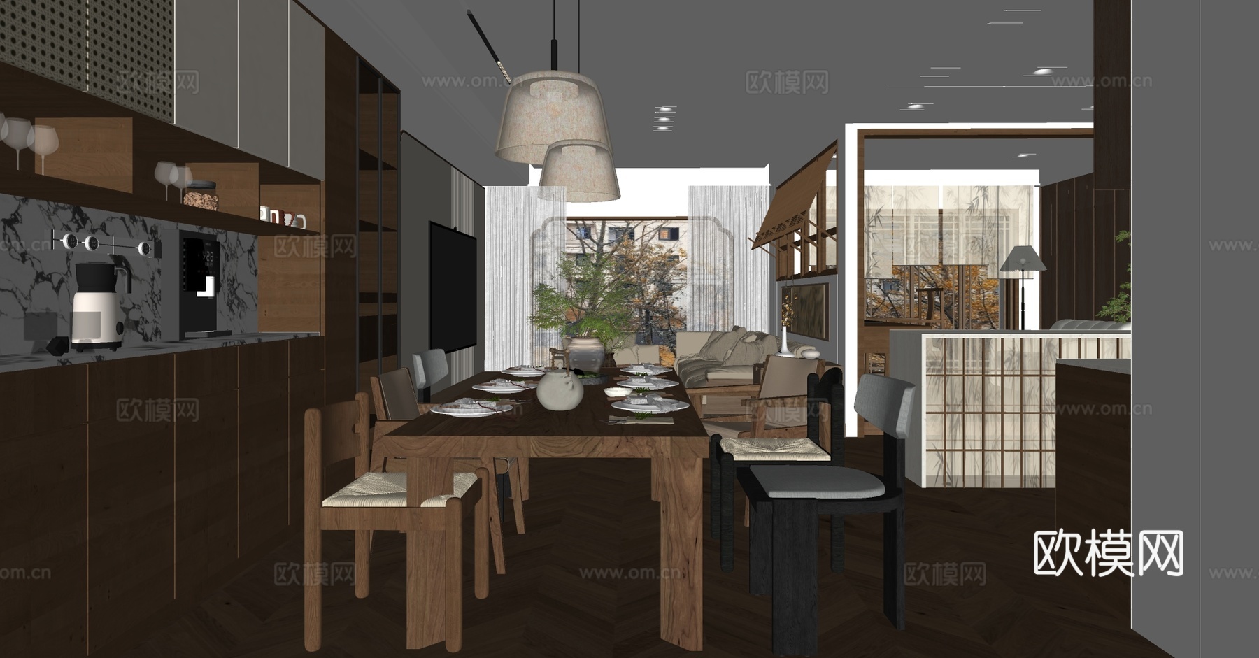 新中式禅意家居客餐厅 新中式宋式客餐厅 沙发茶几组合 餐边柜su模型