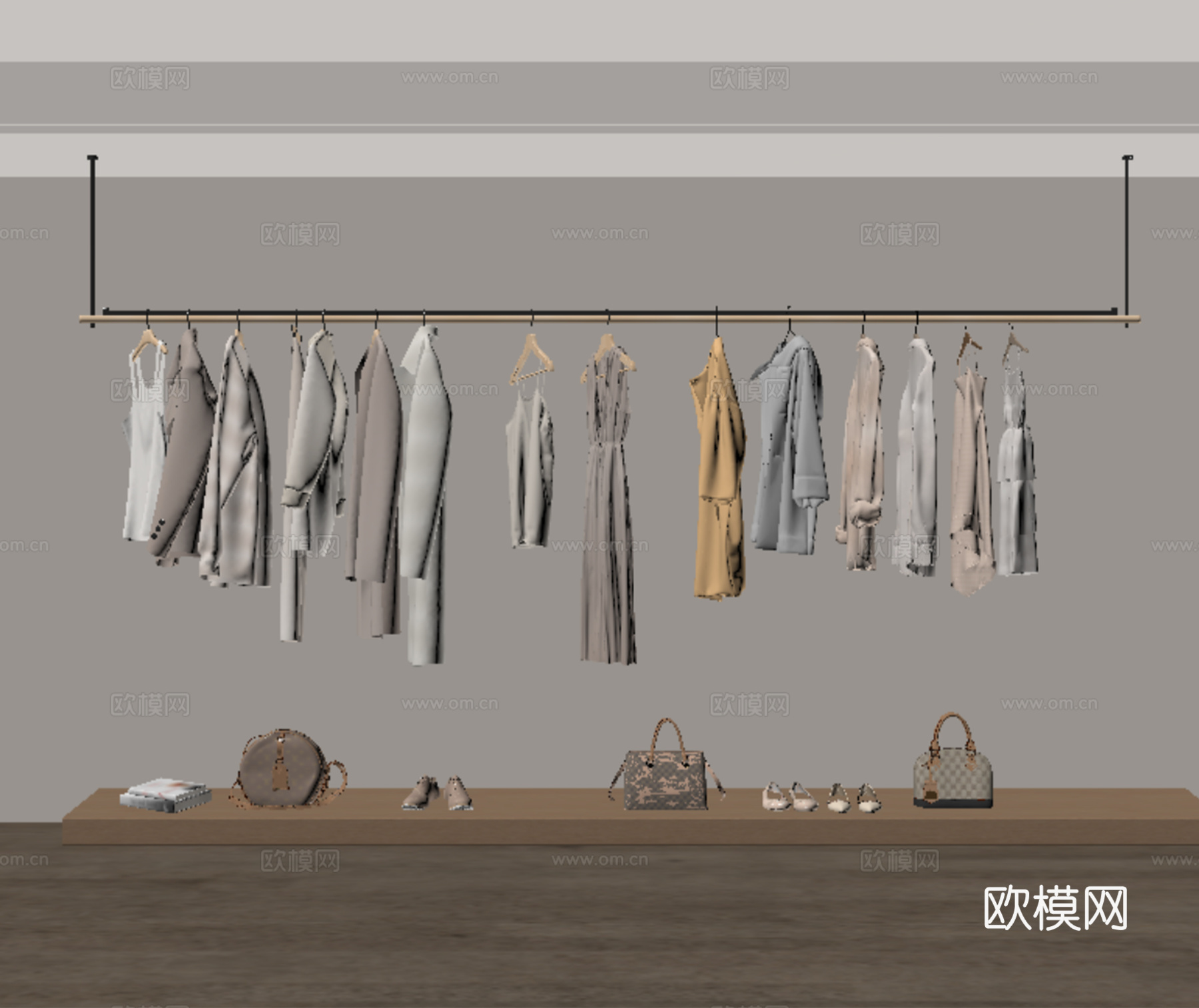 现代衣服组合 包包 衣架 挂衣杆 裤子 上衣 裙子 服饰鞋帽su模型