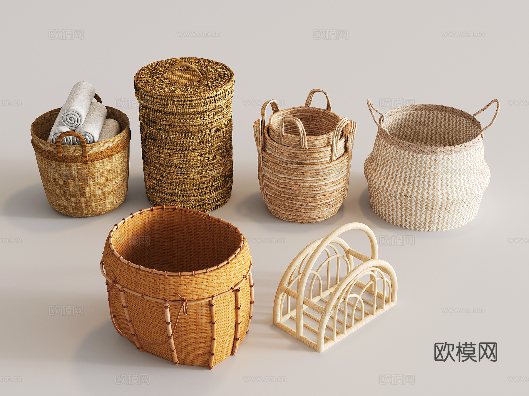 现代新中式藤编收纳筐 编织篮组合 景观小品 竹编小品 其它生su模型