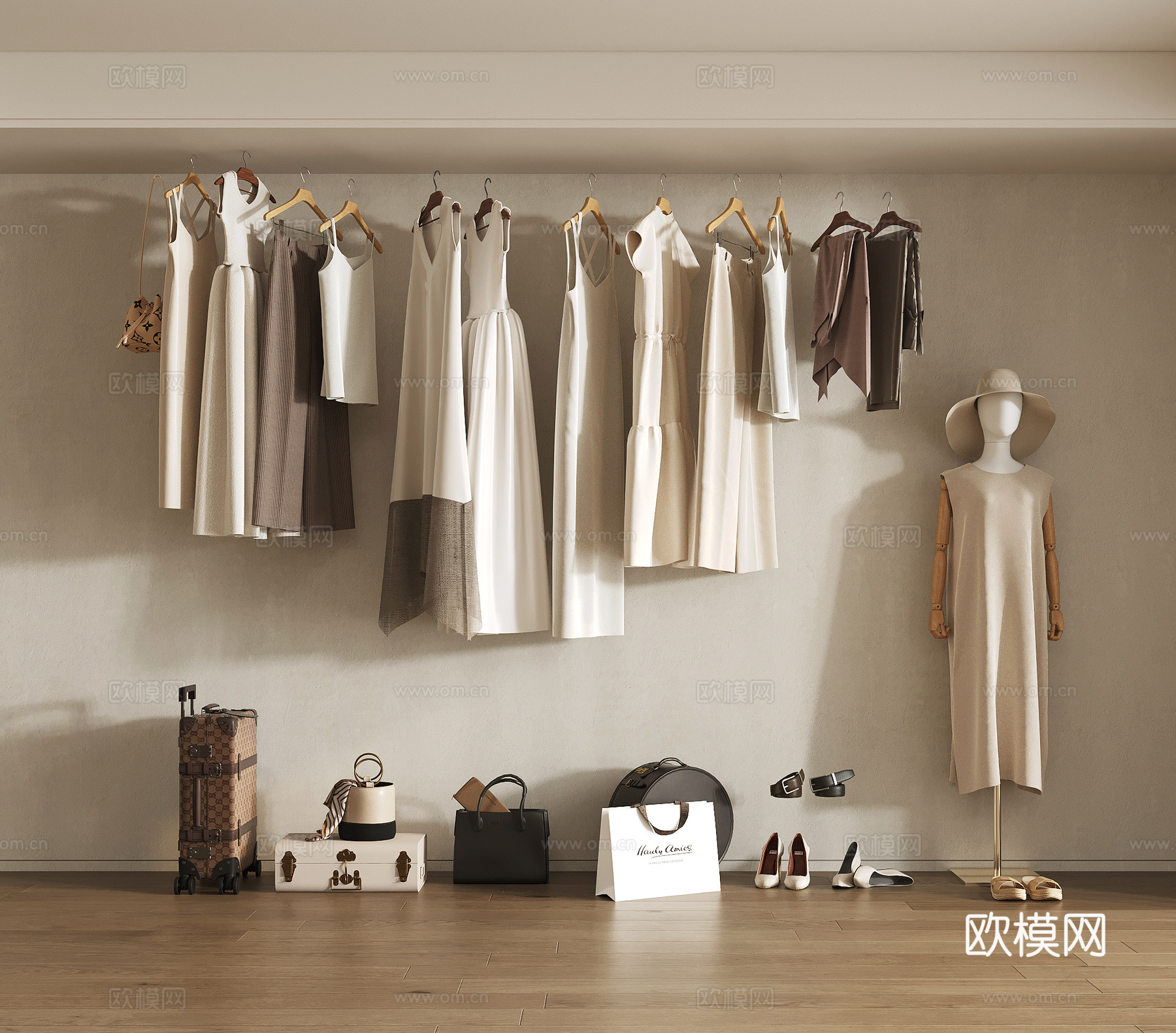 现代服饰鞋帽 衣服组合 包包 衣架 裤子 上衣 裙子 帽子su模型