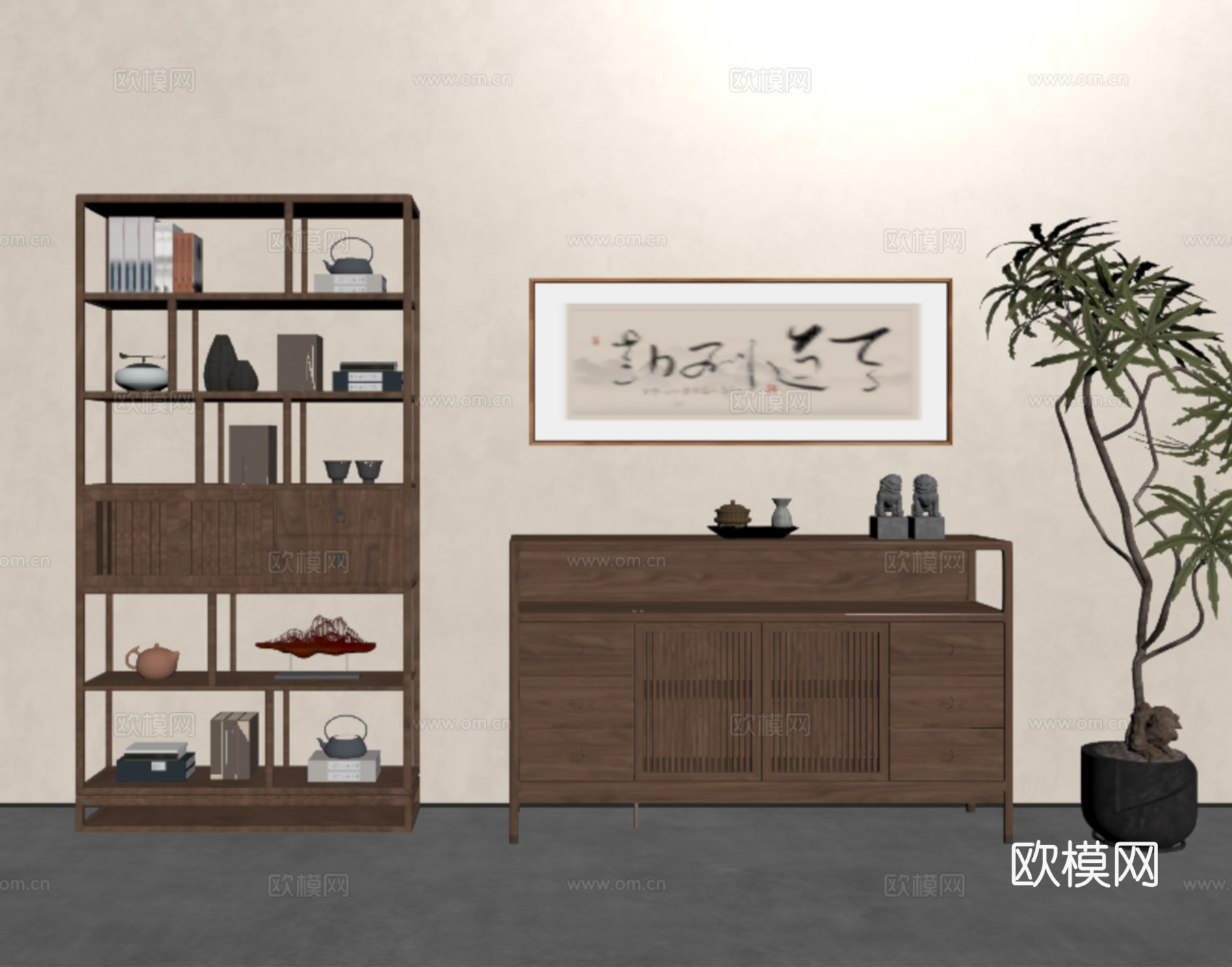 新中式博古架 装饰柜 玄关柜 架子 实木置物架 茶具收纳柜su模型