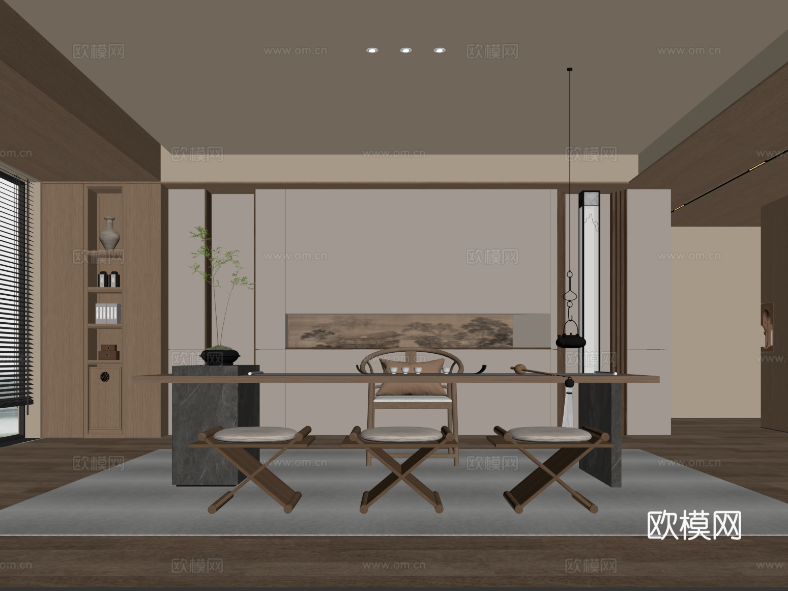 茶室 宋式中古风茶室 茶桌椅组合 茶具 背景墙su模型