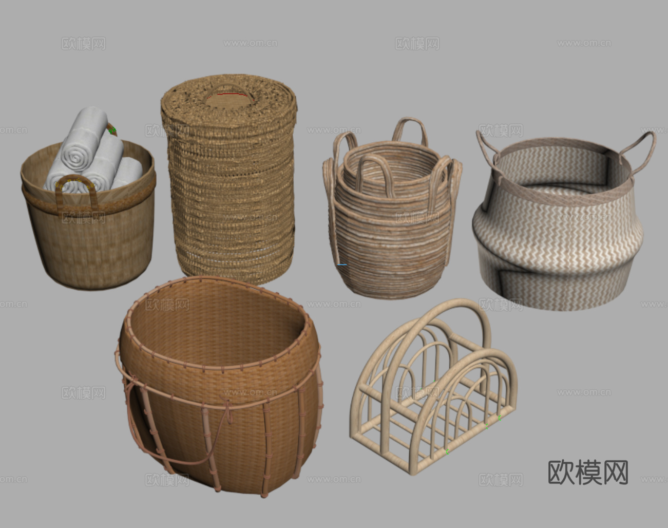 现代新中式藤编收纳筐 编织篮组合 景观小品 竹编小品 其它生su模型