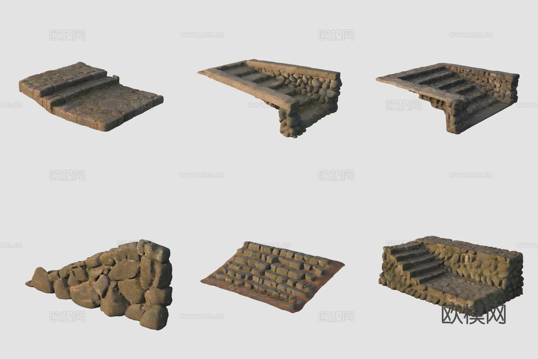 古代石台阶青石板路围墙3d模型