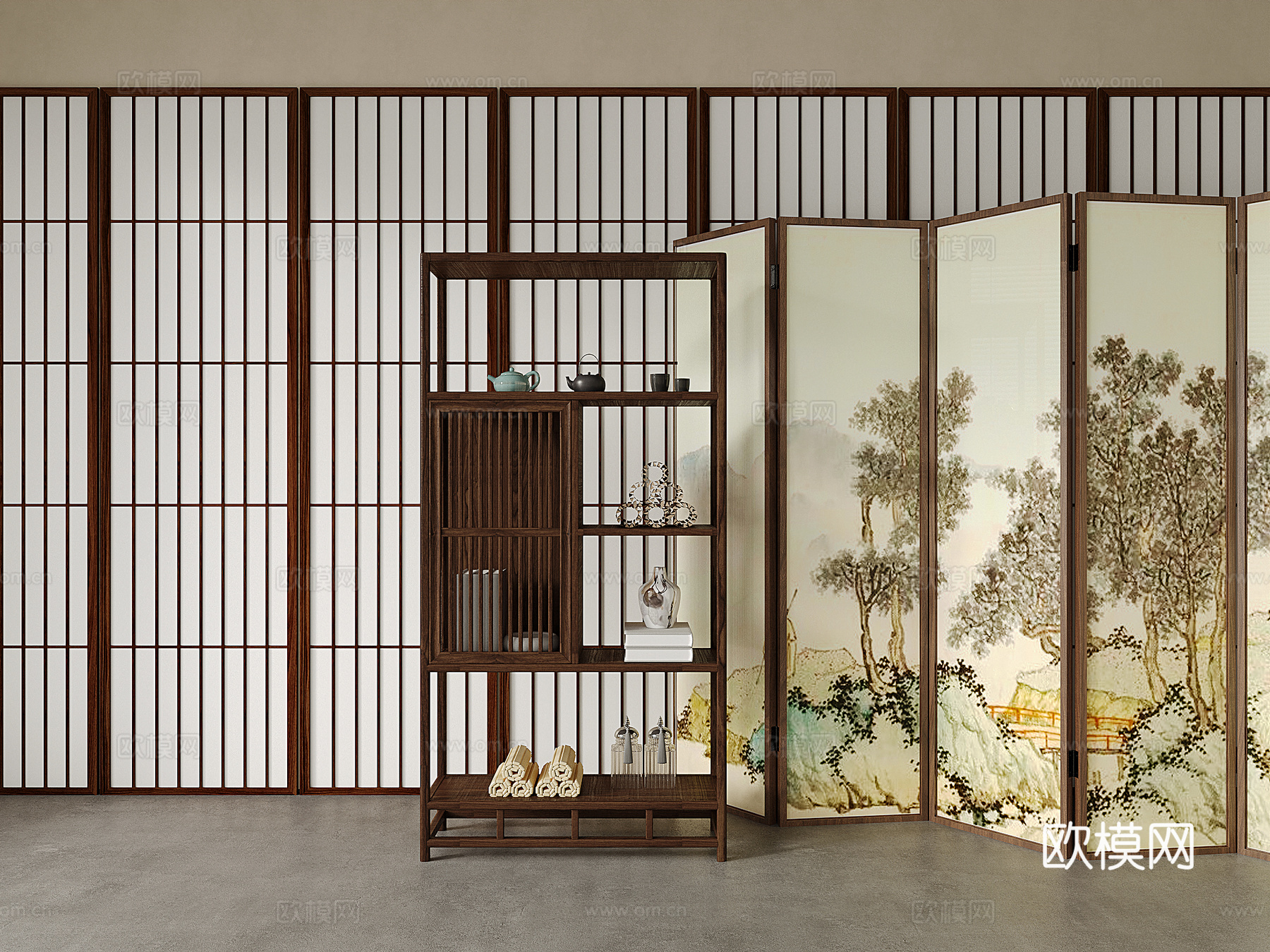 新中式屏风 木屏风 可折叠屏风 储物柜 装饰柜 端景玄关柜su模型