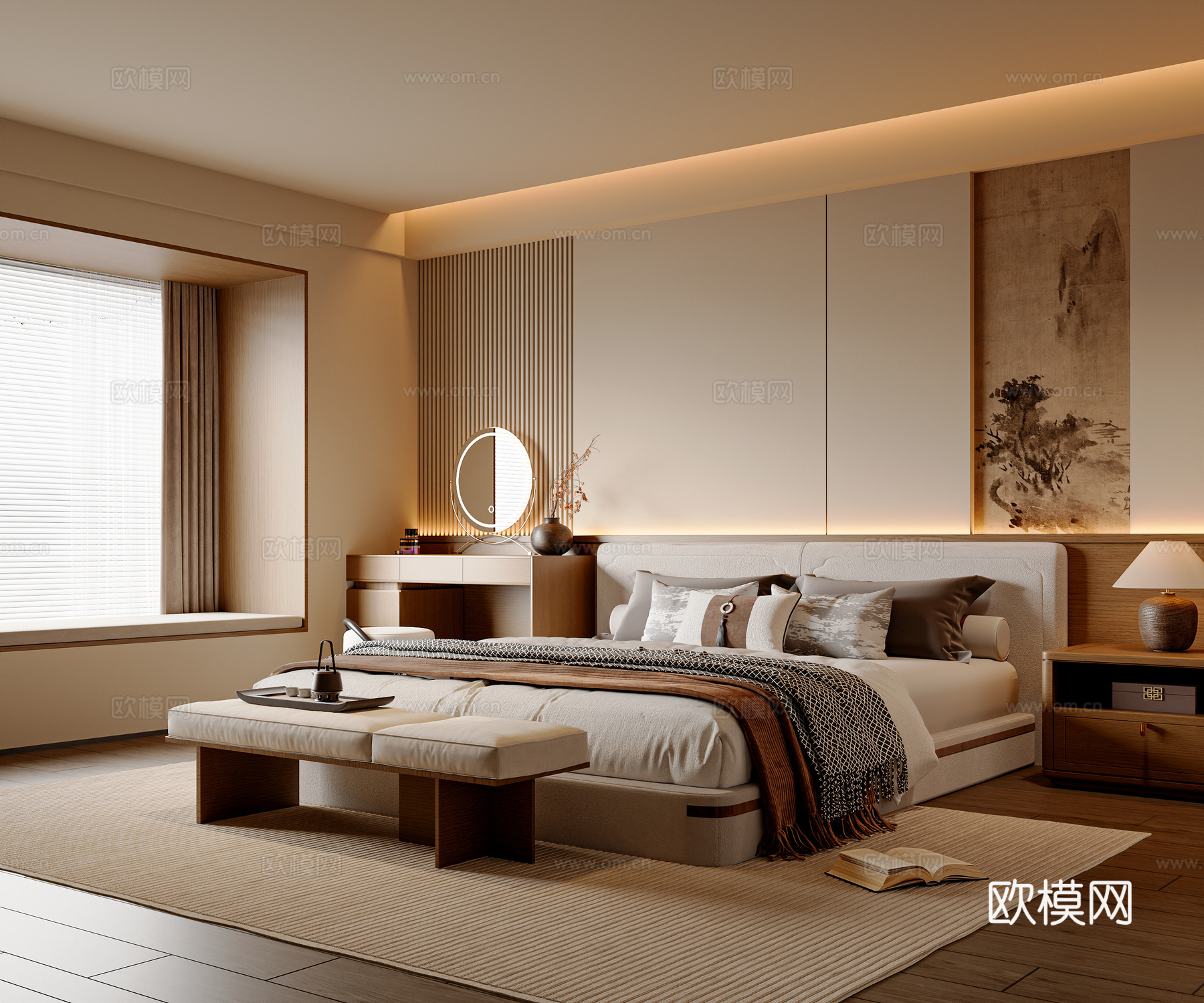 现代新中式卧室 梳妆台 新中式双人床 挂画 饰品摆件 床头柜3d模型