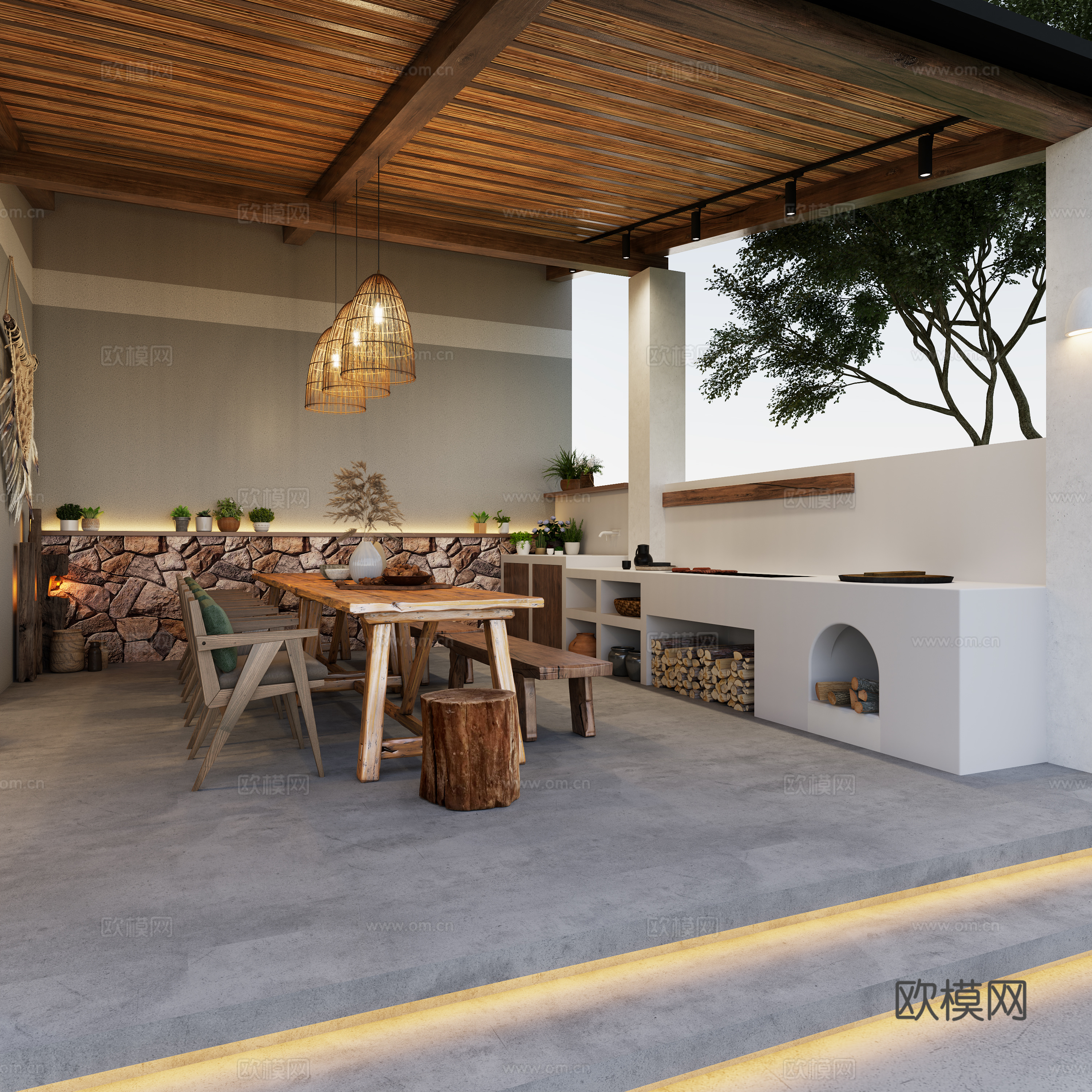 民宿院子餐饮 烧火灶  户外原木餐桌椅子3d模型