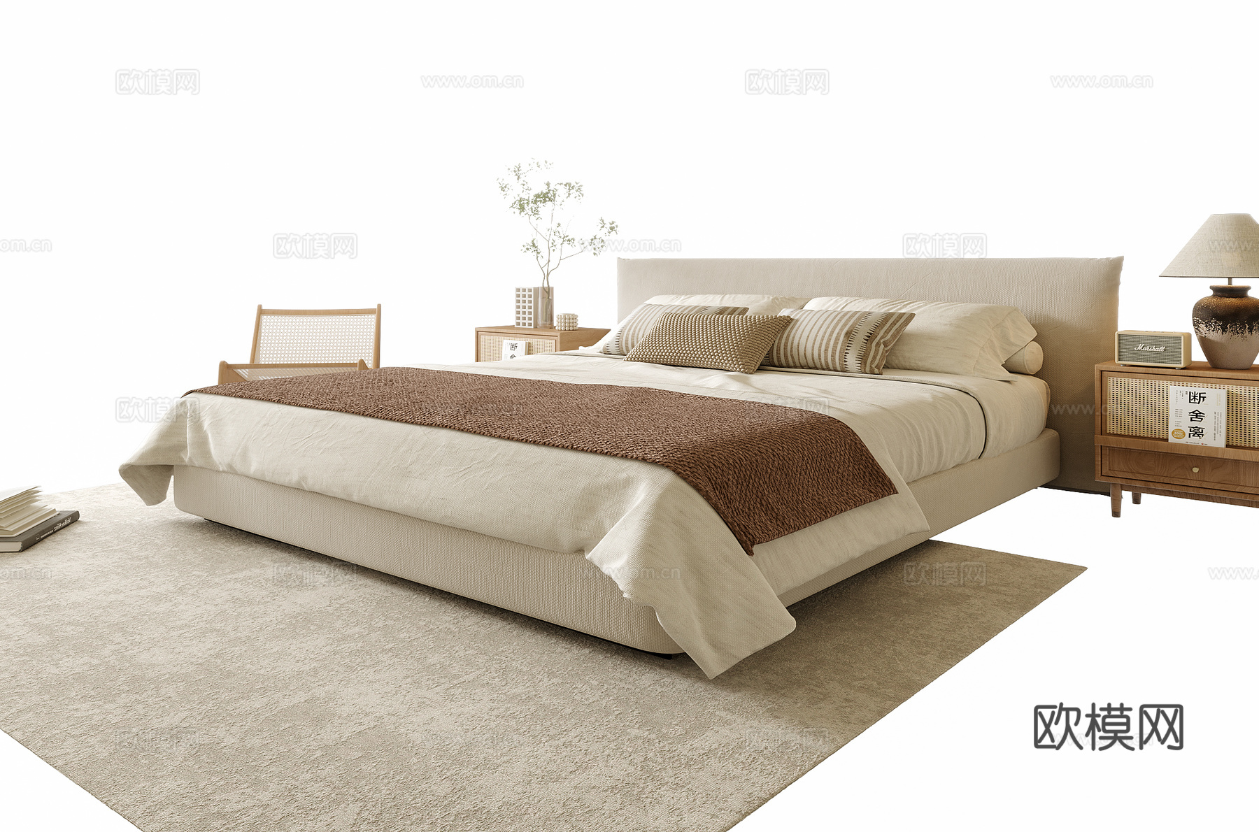 现代双人床 床头柜 休闲椅su模型