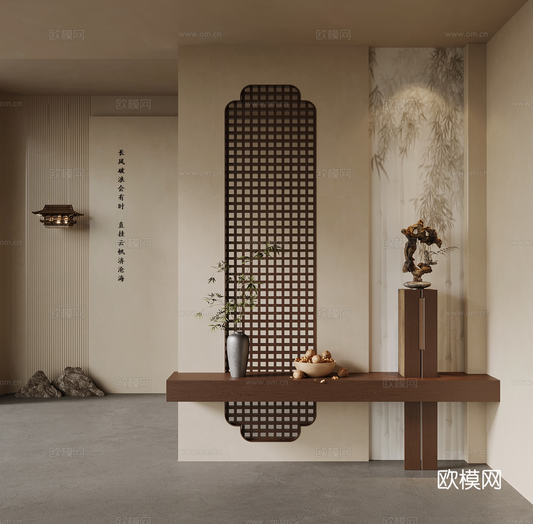 中古风玄关隔断 新中式玄关隔断  端景台 花瓶 装饰画su模型