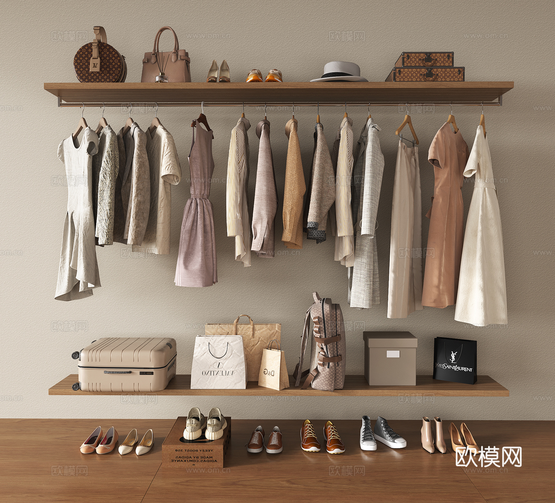 现代服饰鞋帽 衣服组合 包包 衣架 裤子 上衣 裙子 帽子su模型