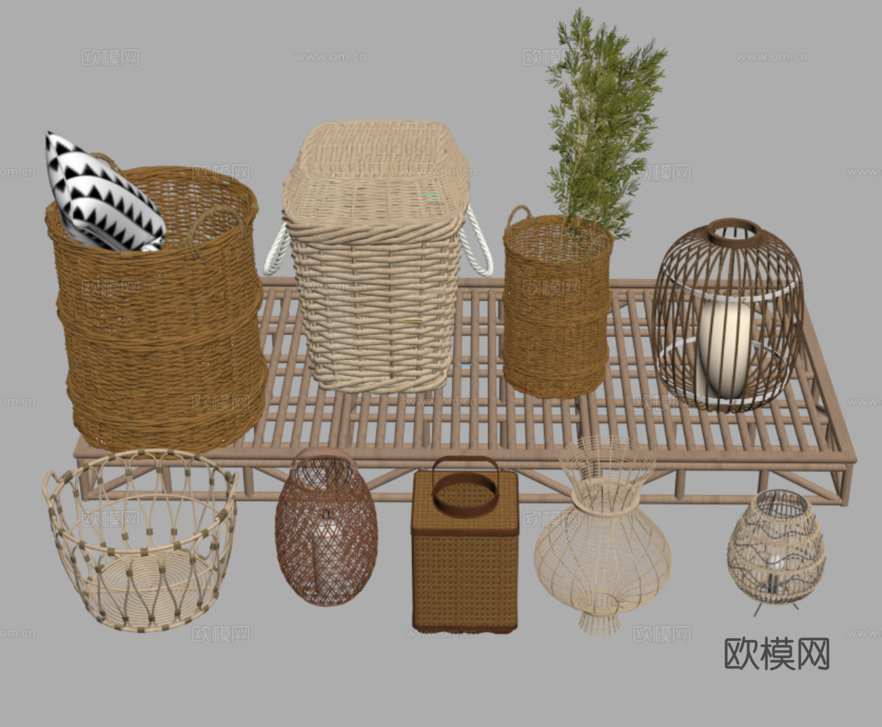 现代新中式藤编收纳筐 编织篮组合 景观小品 竹编小品 其它生su模型