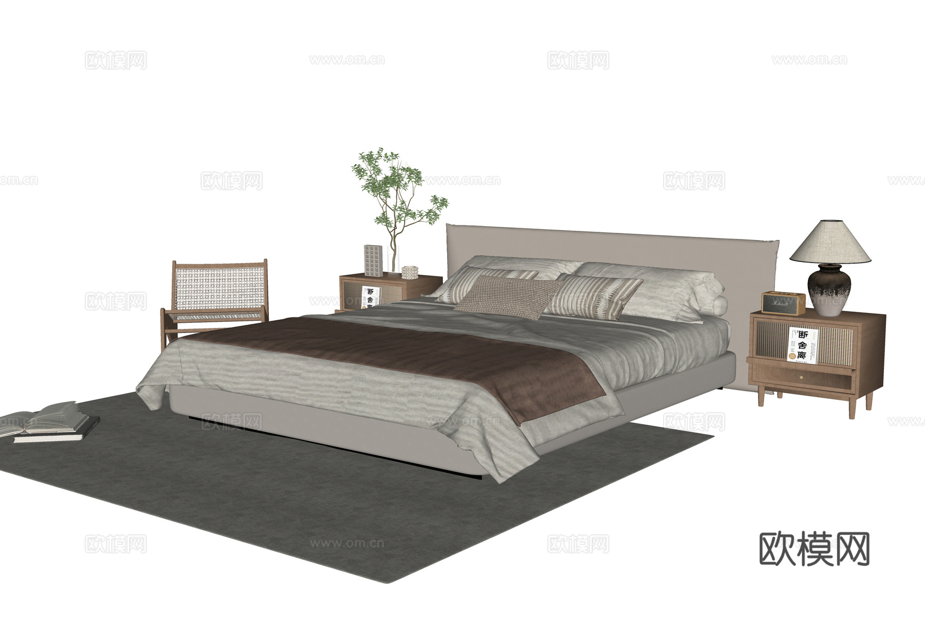 现代双人床 床头柜 休闲椅su模型