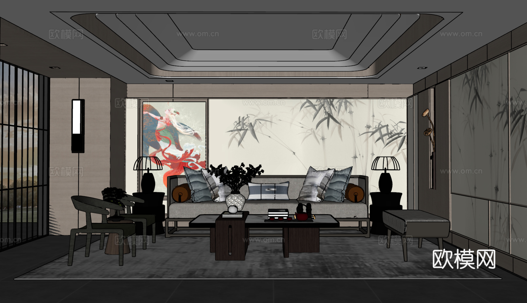 新中式客厅 沙发茶几组合 绿植 饰品摆件 台灯 背景墙su模型