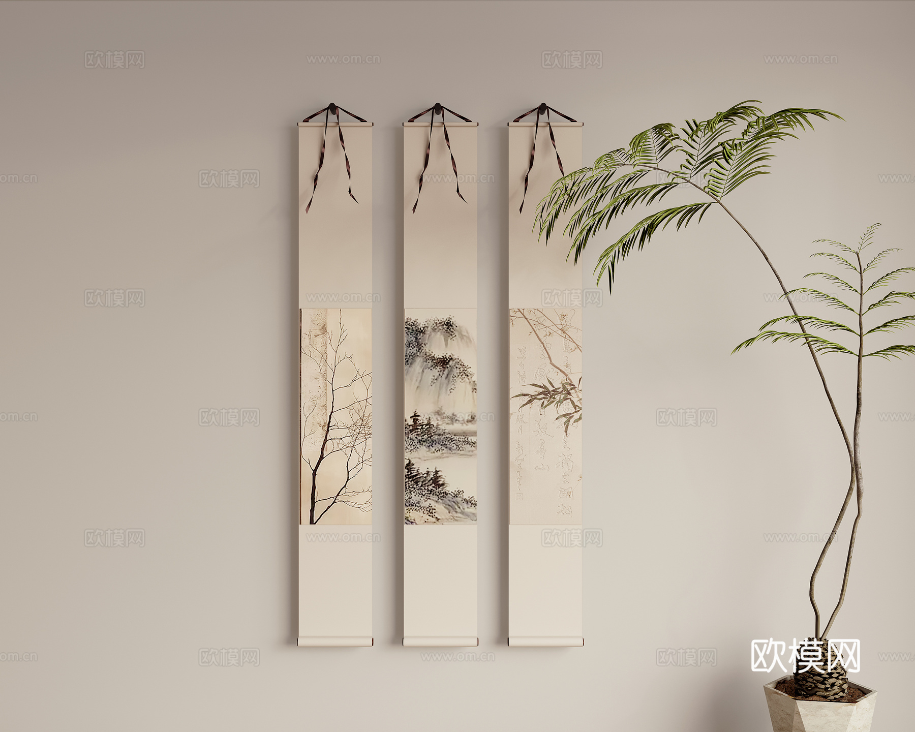 新中式组合挂画su模型