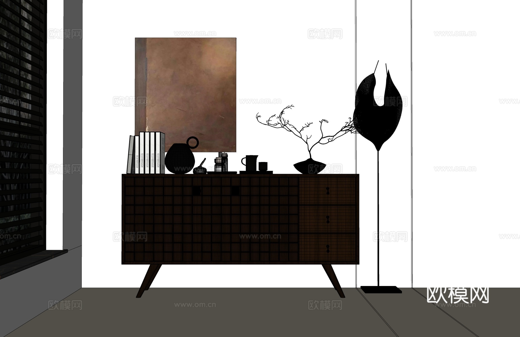 现代边柜 现代餐边柜 现代中古玄关柜 现代中古装饰画 落地灯su模型