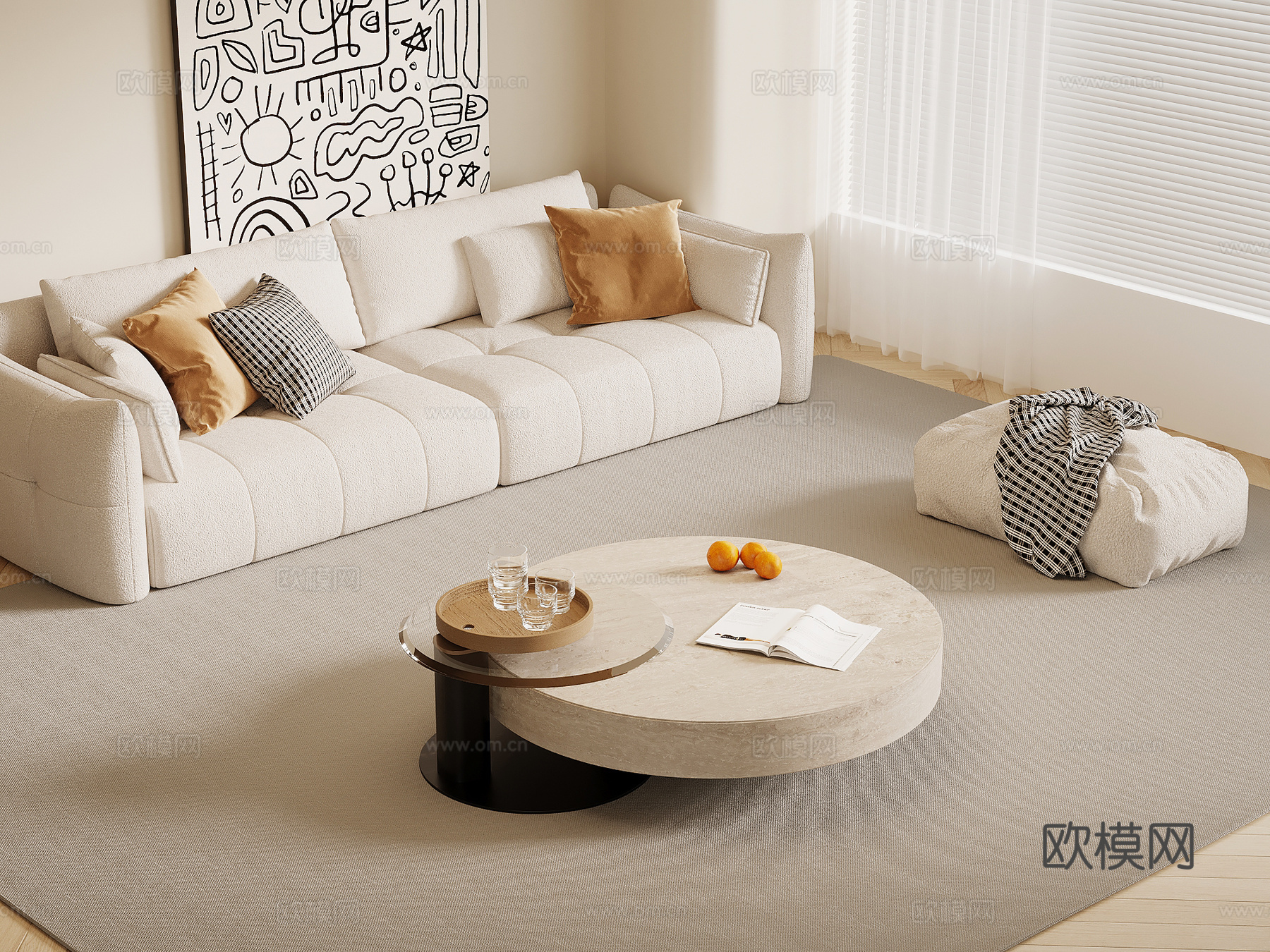 现代奶油风客厅 沙发茶几组合 装饰挂画3d模型