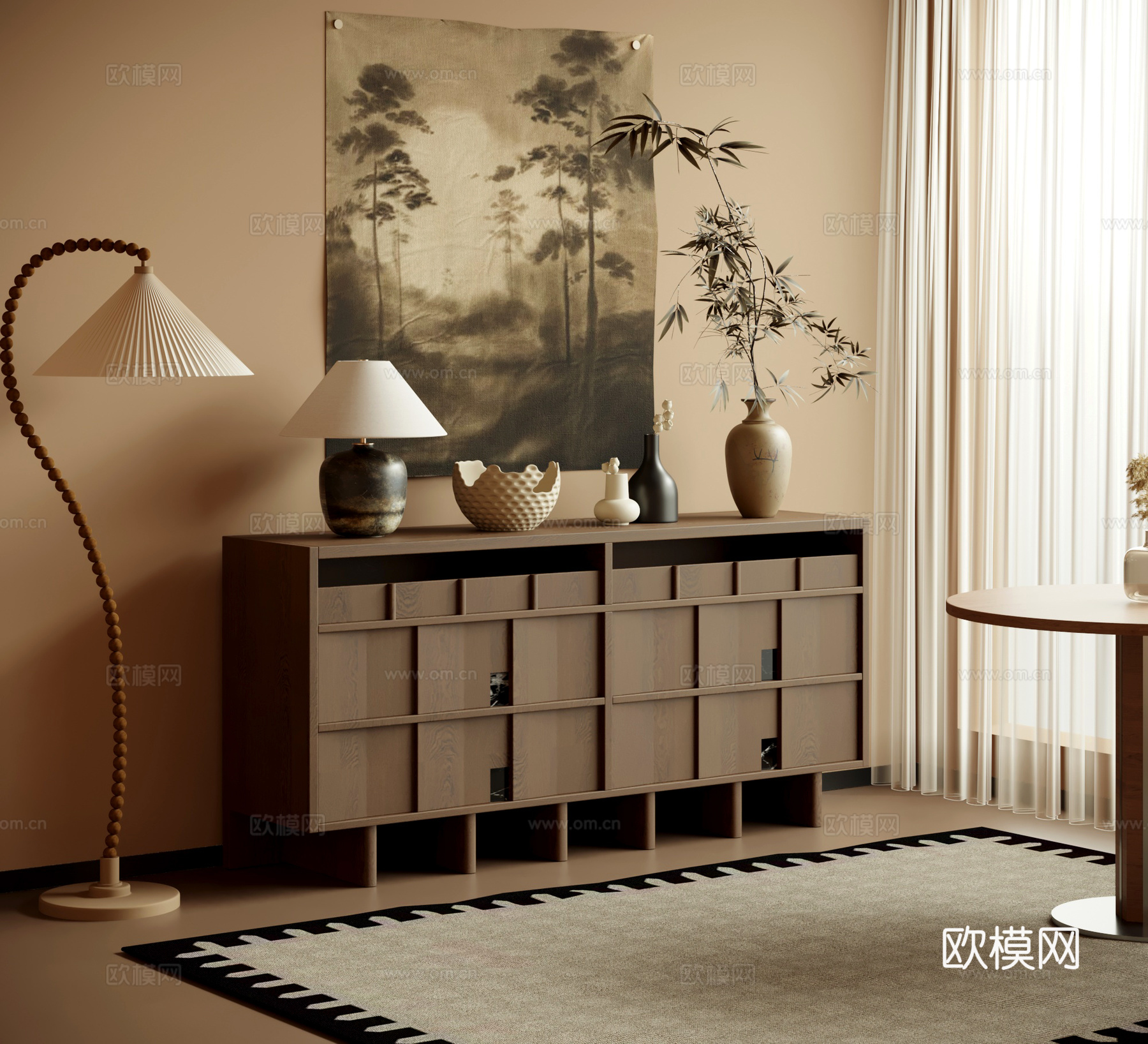 玄关柜 中古风玄关柜 边柜 地柜 矮柜 落地灯su模型