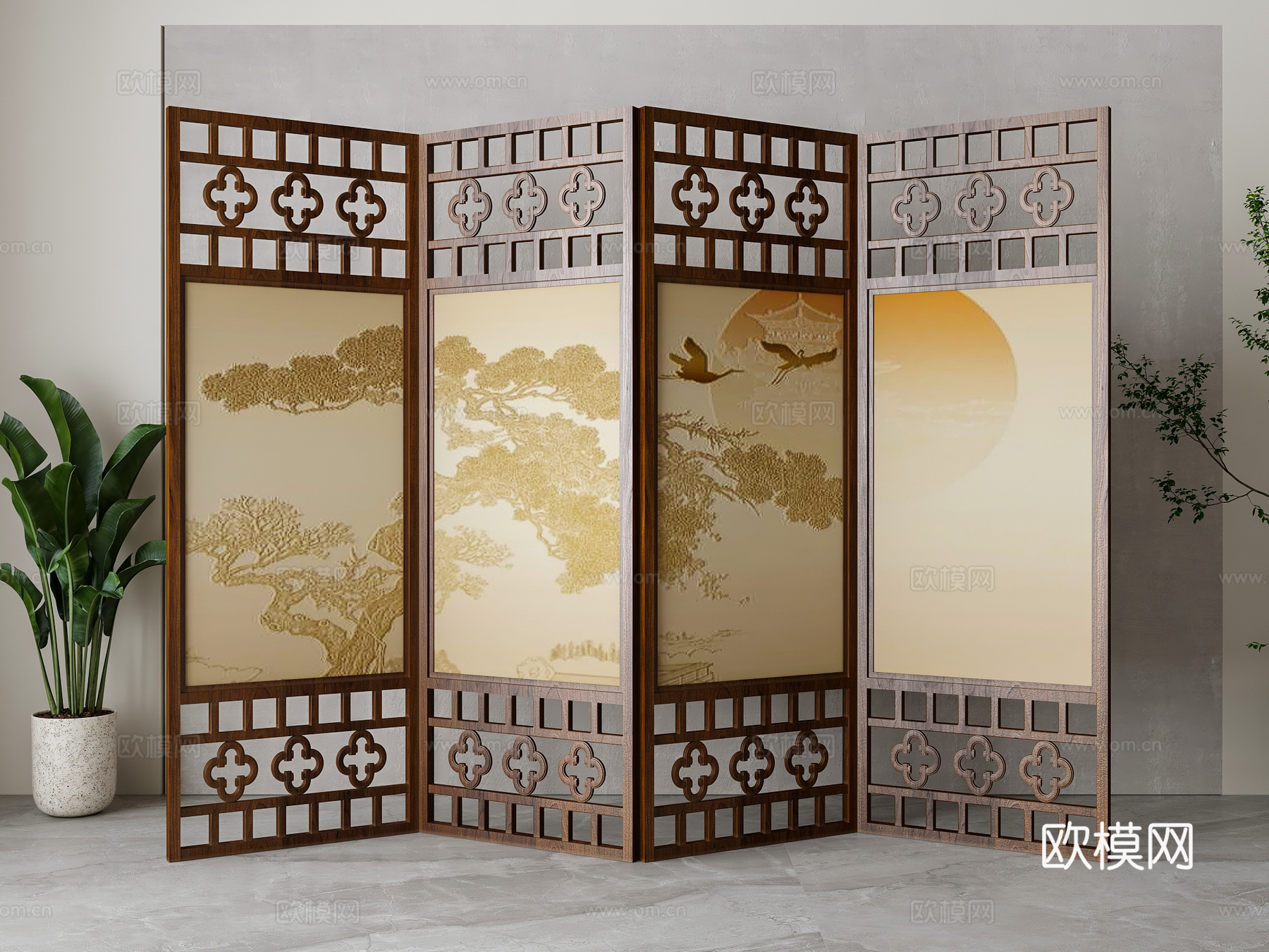 新中式屏风隔断su模型下载（渲染图1）