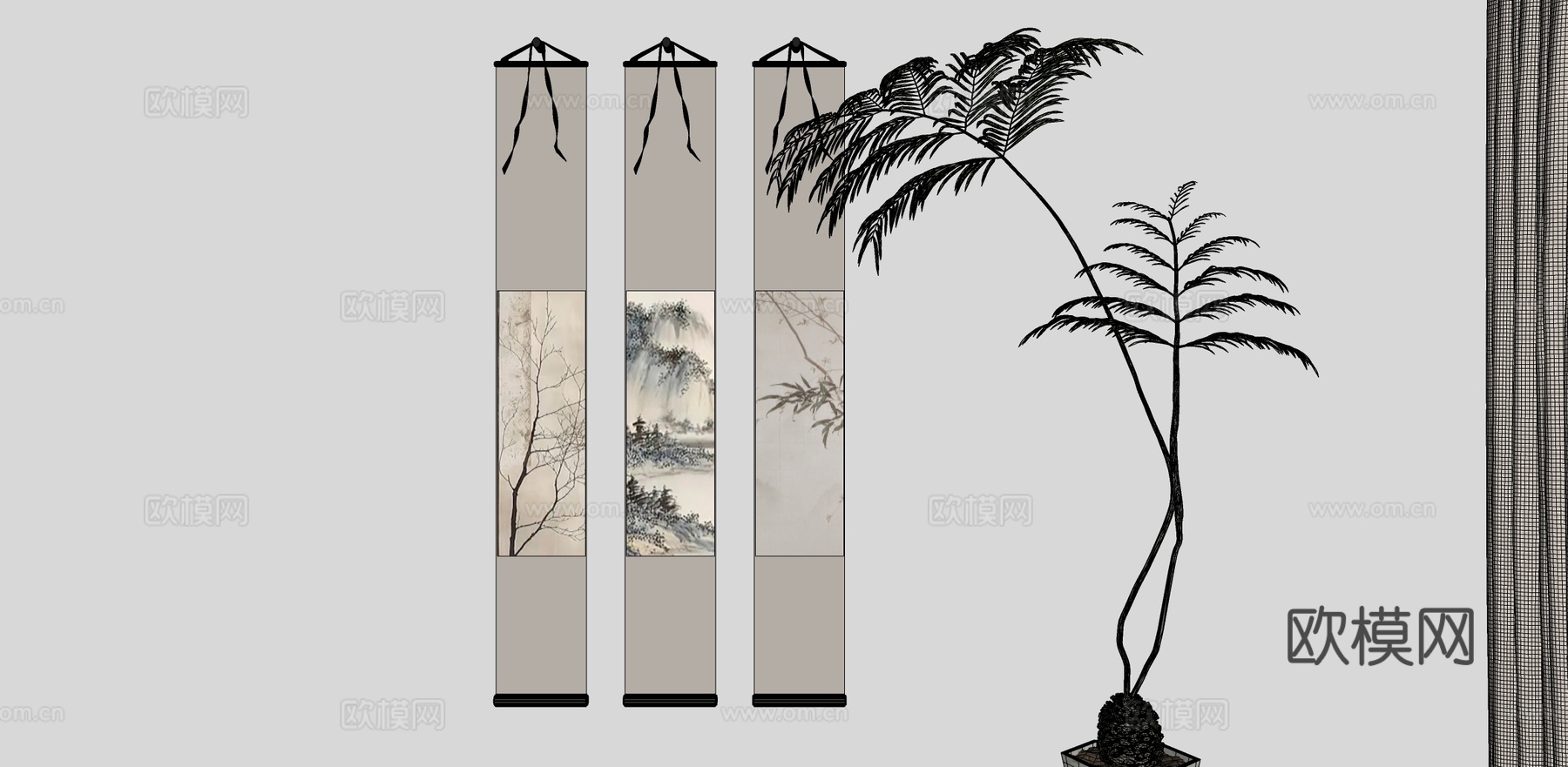 新中式组合挂画su模型