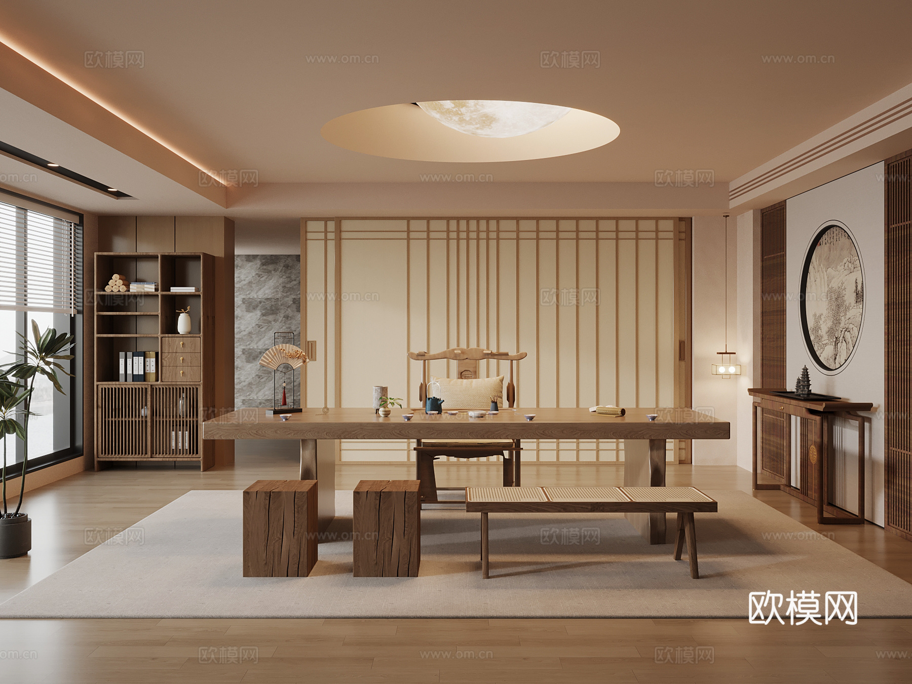 新中式茶室 茶桌椅组合 茶柜3d模型